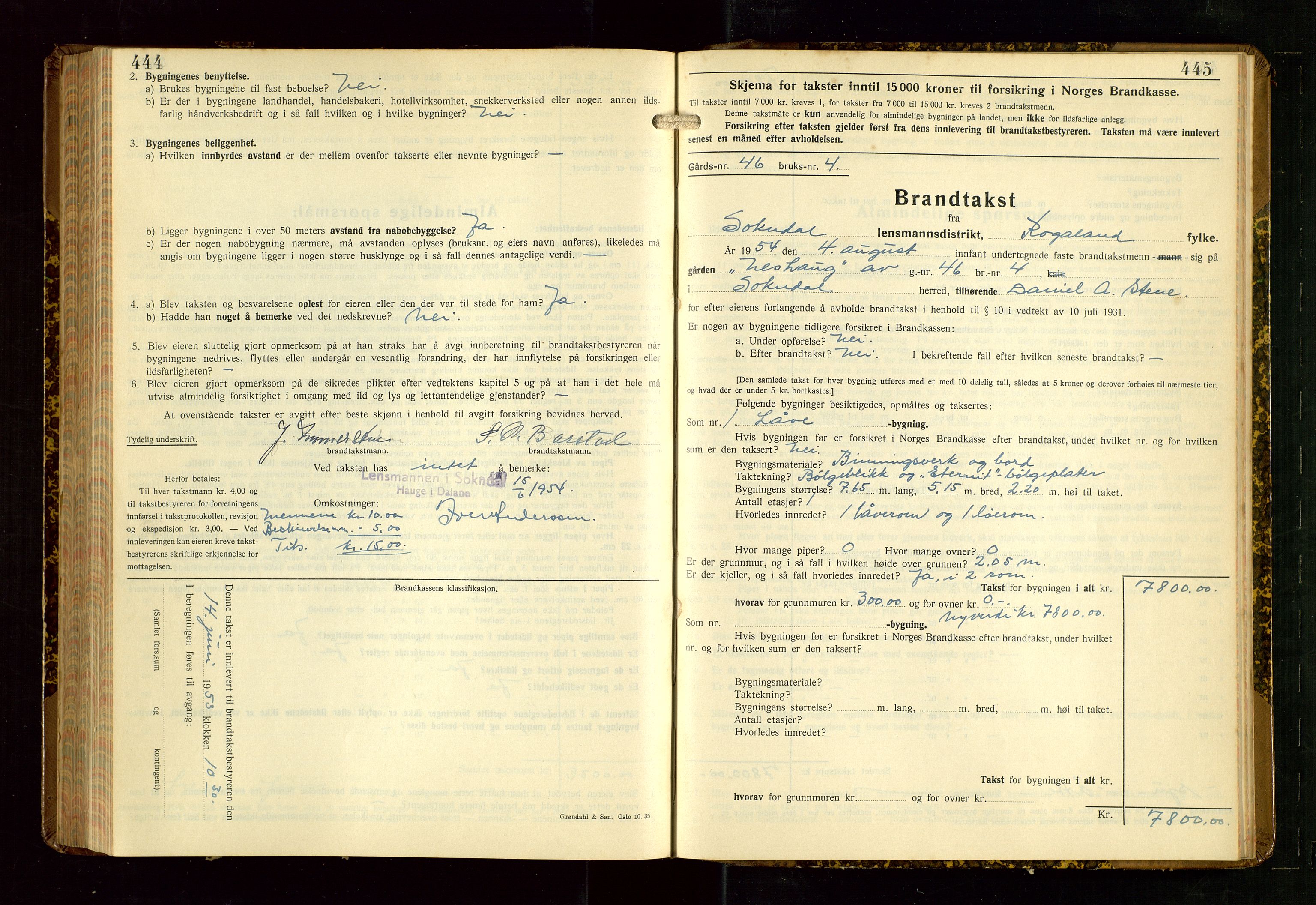 Sokndal lensmannskontor, AV/SAST-A-100417/Gob/L0008: "Brandtakst-Protokoll", 1937-1955, p. 444-445