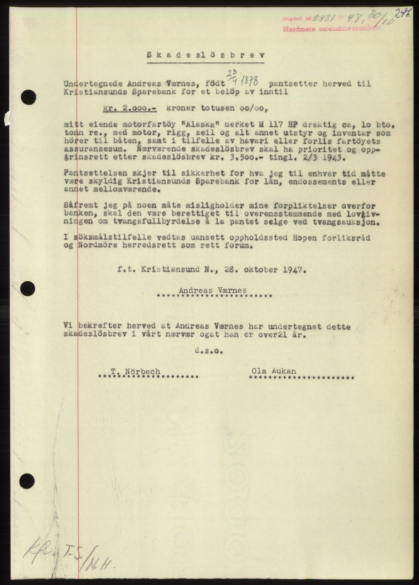 Nordmøre sorenskriveri, AV/SAT-A-4132/1/2/2Ca: Mortgage book no. B97, 1947-1948, Diary no: : 2481/1947