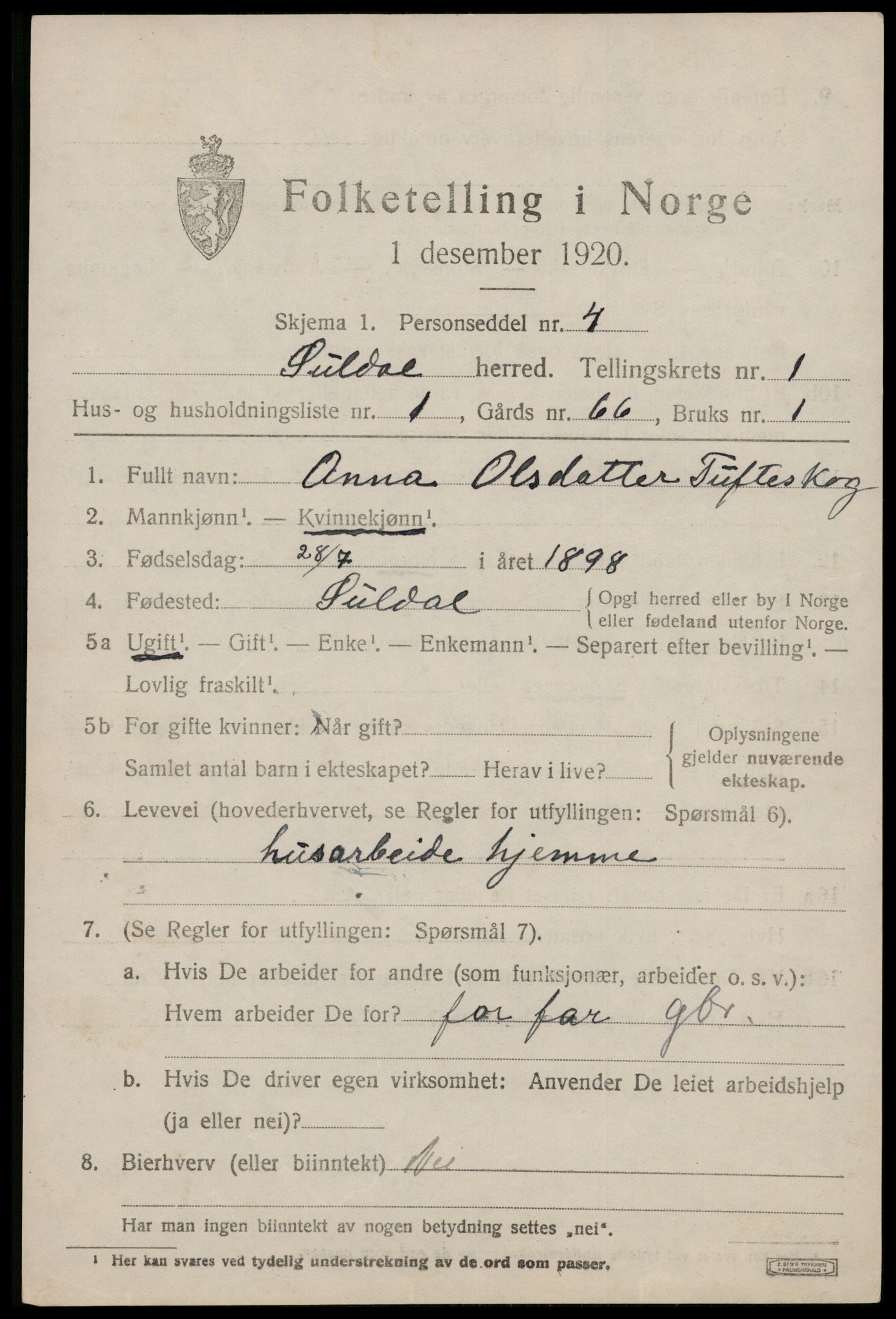 SAST, 1920 census for Suldal, 1920, p. 700