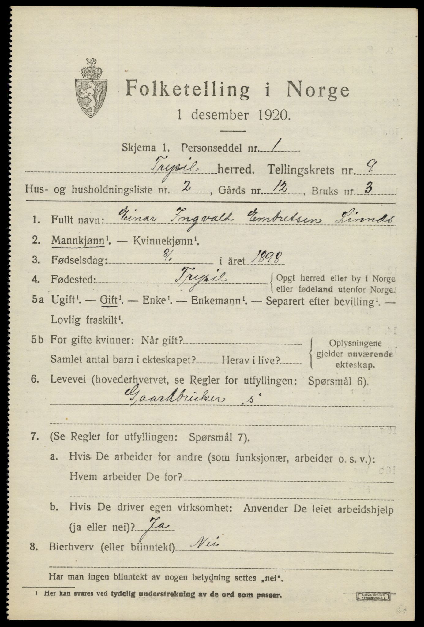 SAH, 1920 census for Trysil, 1920, p. 6575