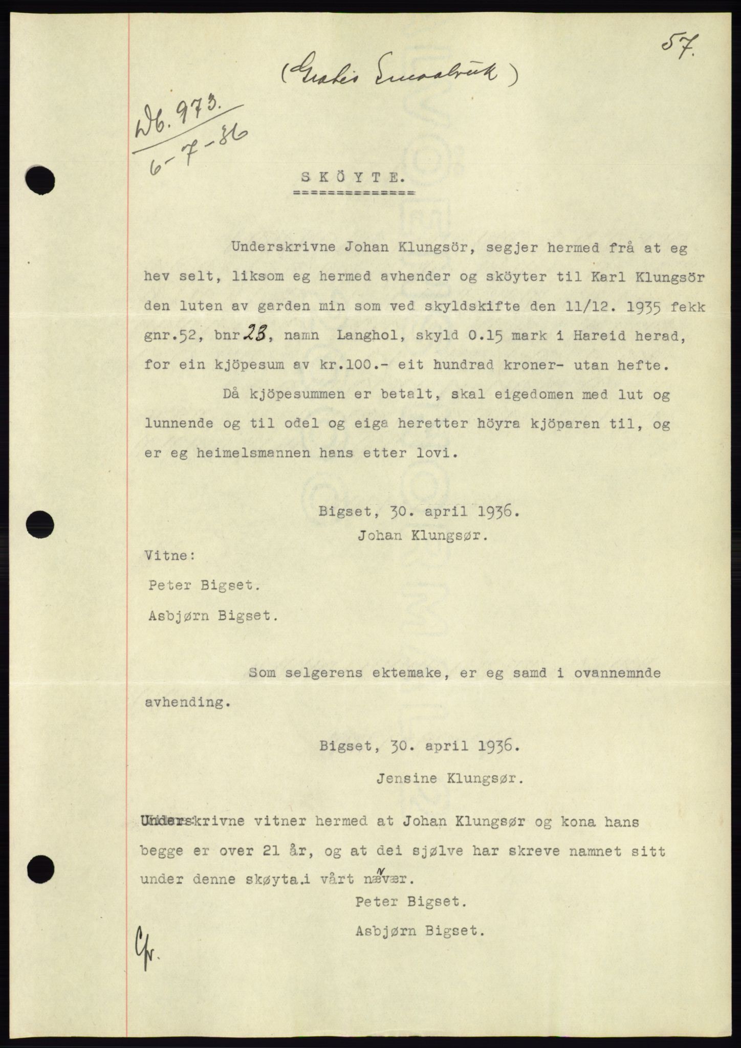 Søre Sunnmøre sorenskriveri, AV/SAT-A-4122/1/2/2C/L0061: Mortgage book no. 55, 1936-1936, Diary no: : 973/1936