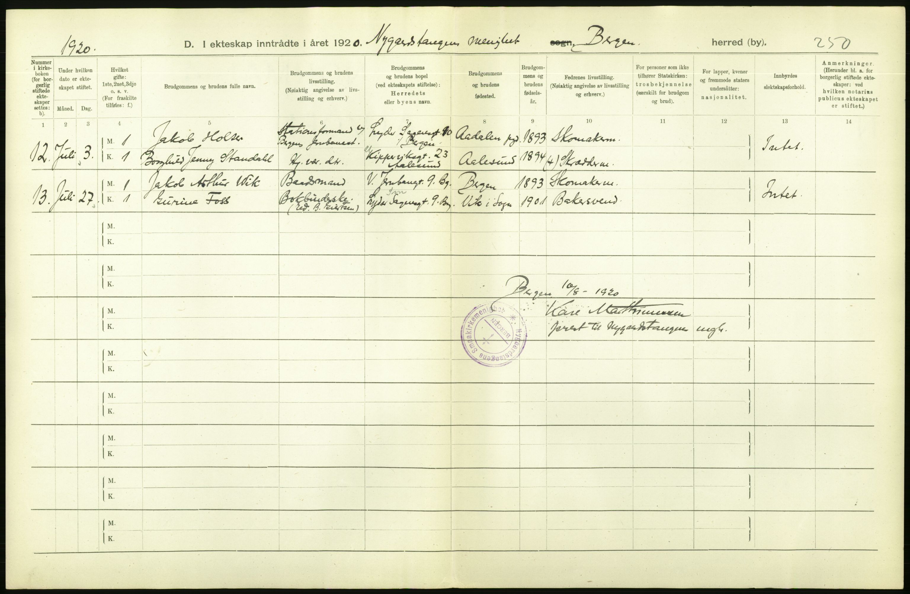 Statistisk sentralbyrå, Sosiodemografiske emner, Befolkning, AV/RA-S-2228/D/Df/Dfb/Dfbj/L0042: Bergen: Gifte, døde, dødfødte., 1920, p. 14