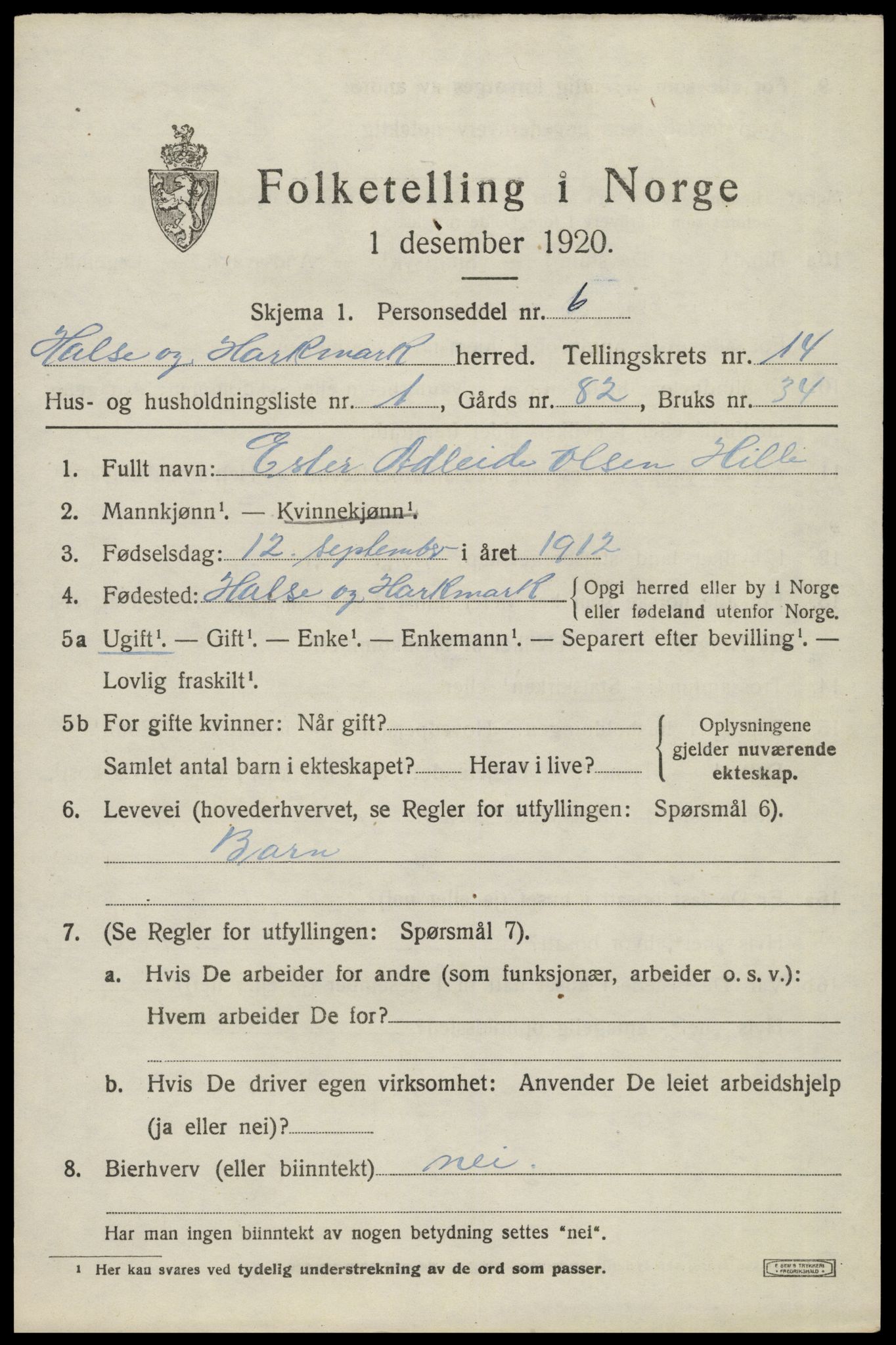 SAK, 1920 census for Halse og Harkmark, 1920, p. 7607