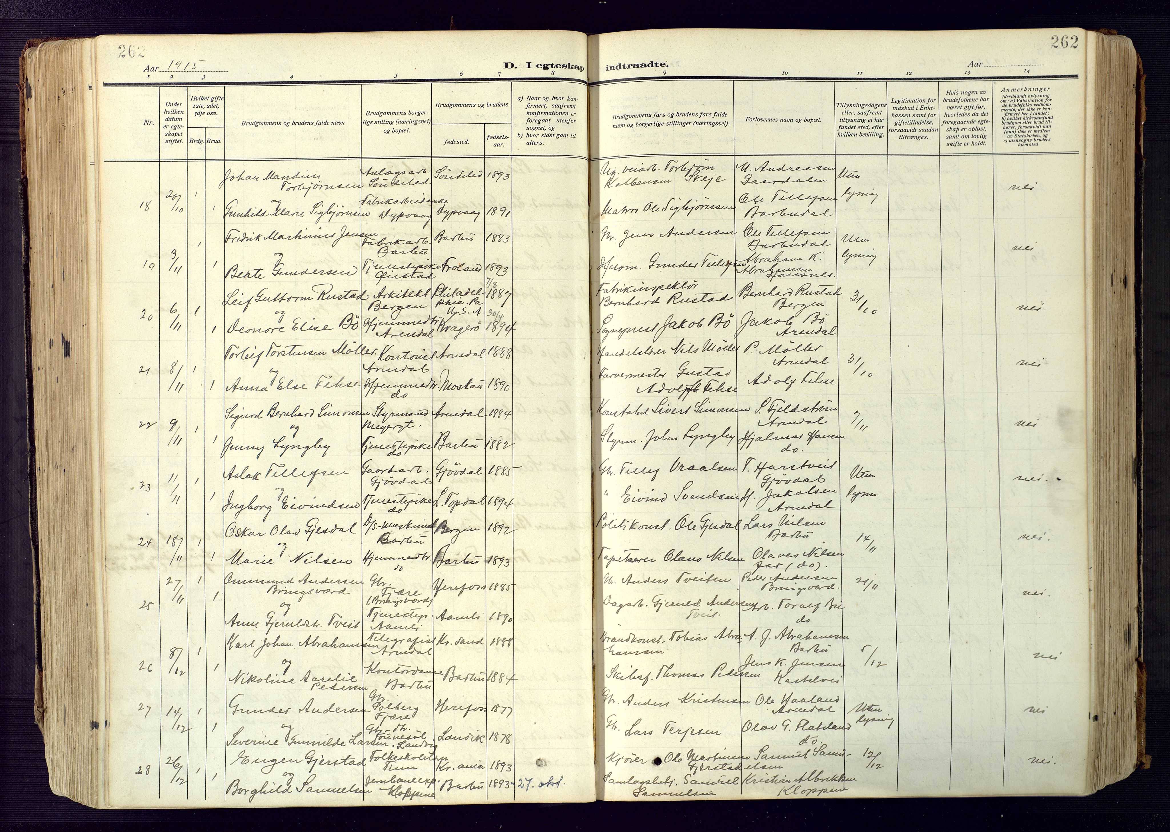 Barbu sokneprestkontor, AV/SAK-1111-0003/F/Fa/L0006: Parish register (official) no. A 6, 1910-1929, p. 262