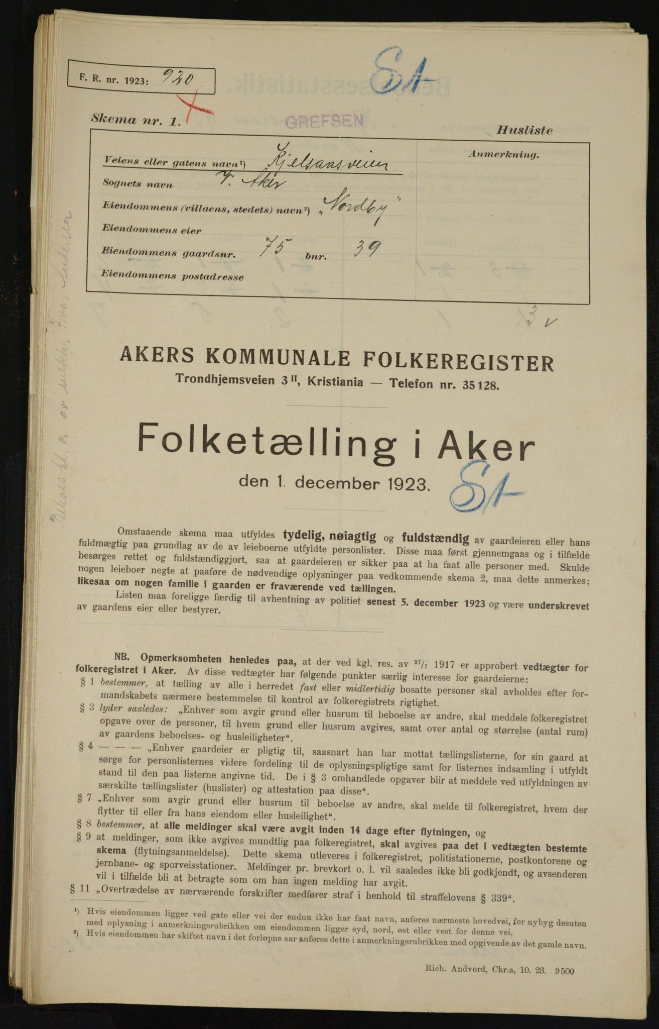 , Municipal Census 1923 for Aker, 1923, p. 13544