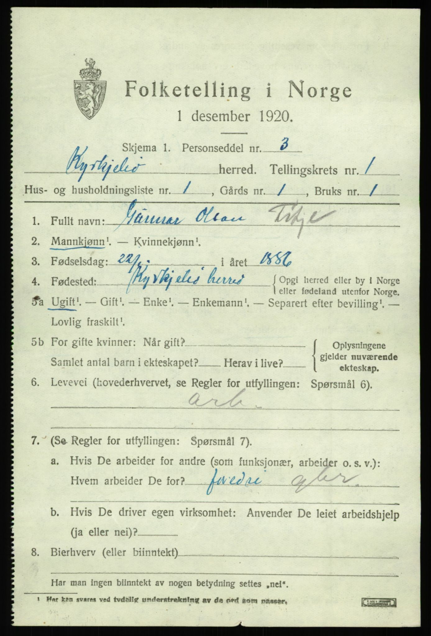 SAB, 1920 census for Kyrkjebø, 1920, p. 737