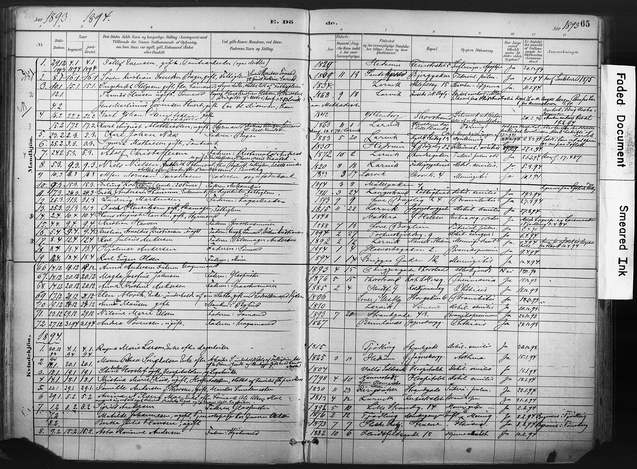 Larvik kirkebøker, AV/SAKO-A-352/F/Fa/L0010: Parish register (official) no. I 10, 1884-1910, p. 65