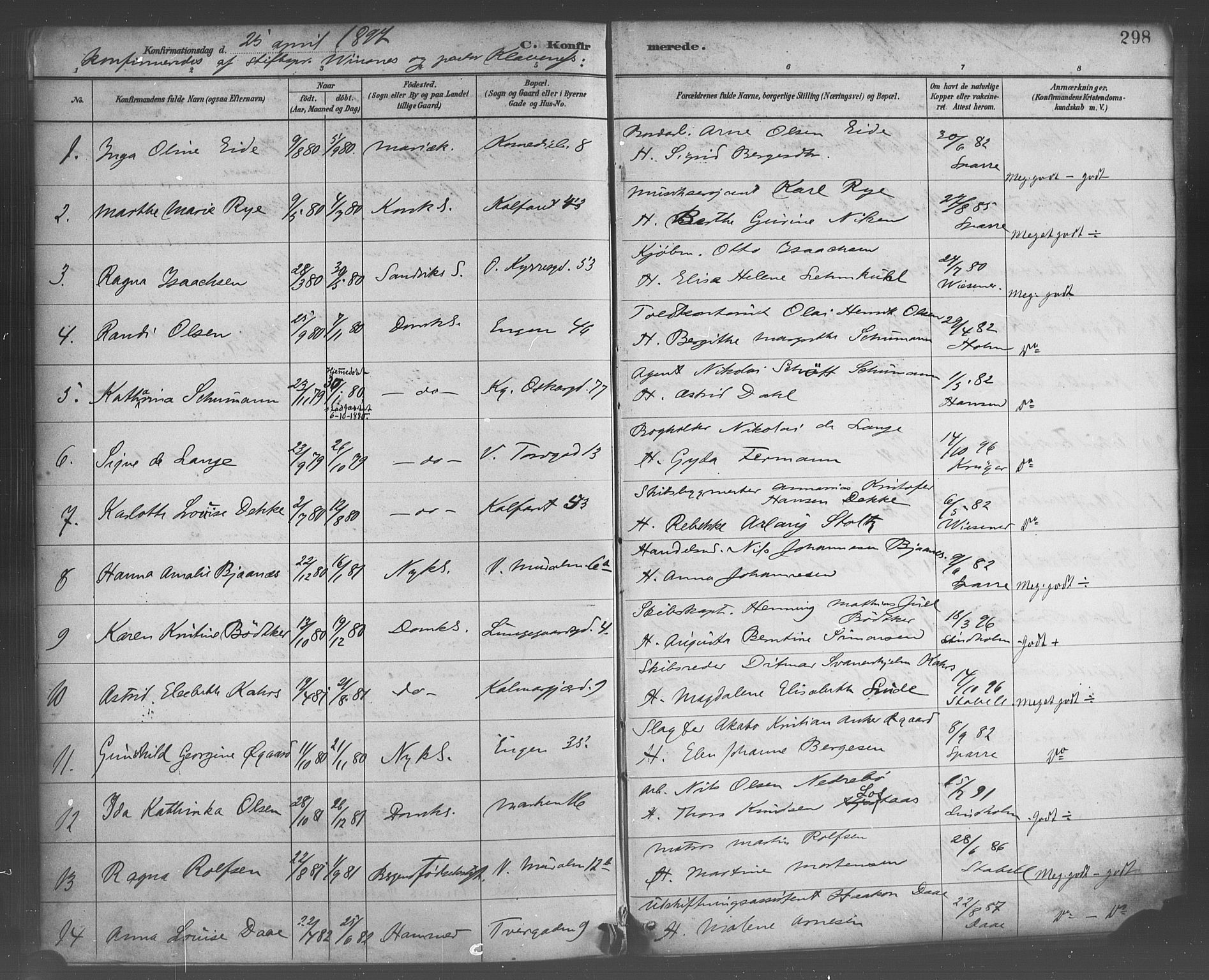 Domkirken sokneprestembete, SAB/A-74801/H/Haa/L0030: Parish register (official) no. C 5, 1880-1898, p. 298