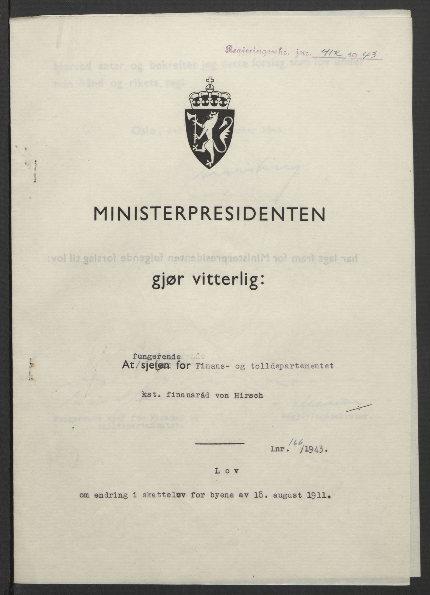 NS-administrasjonen 1940-1945 (Statsrådsekretariatet, de kommisariske statsråder mm), RA/S-4279/D/Db/L0099: Lover, 1943, p. 783