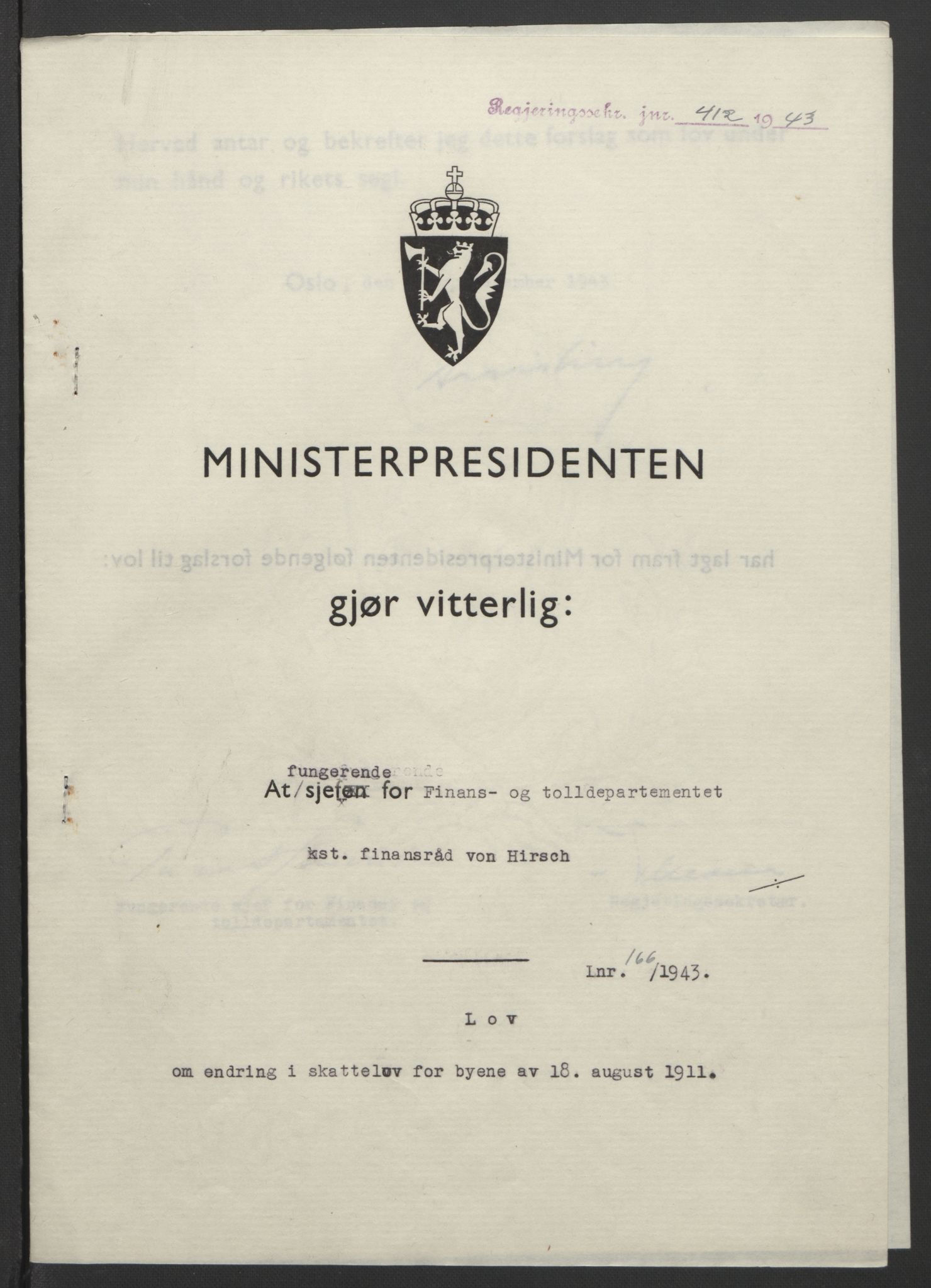 NS-administrasjonen 1940-1945 (Statsrådsekretariatet, de kommisariske statsråder mm), AV/RA-S-4279/D/Db/L0099: Lover, 1943, p. 783