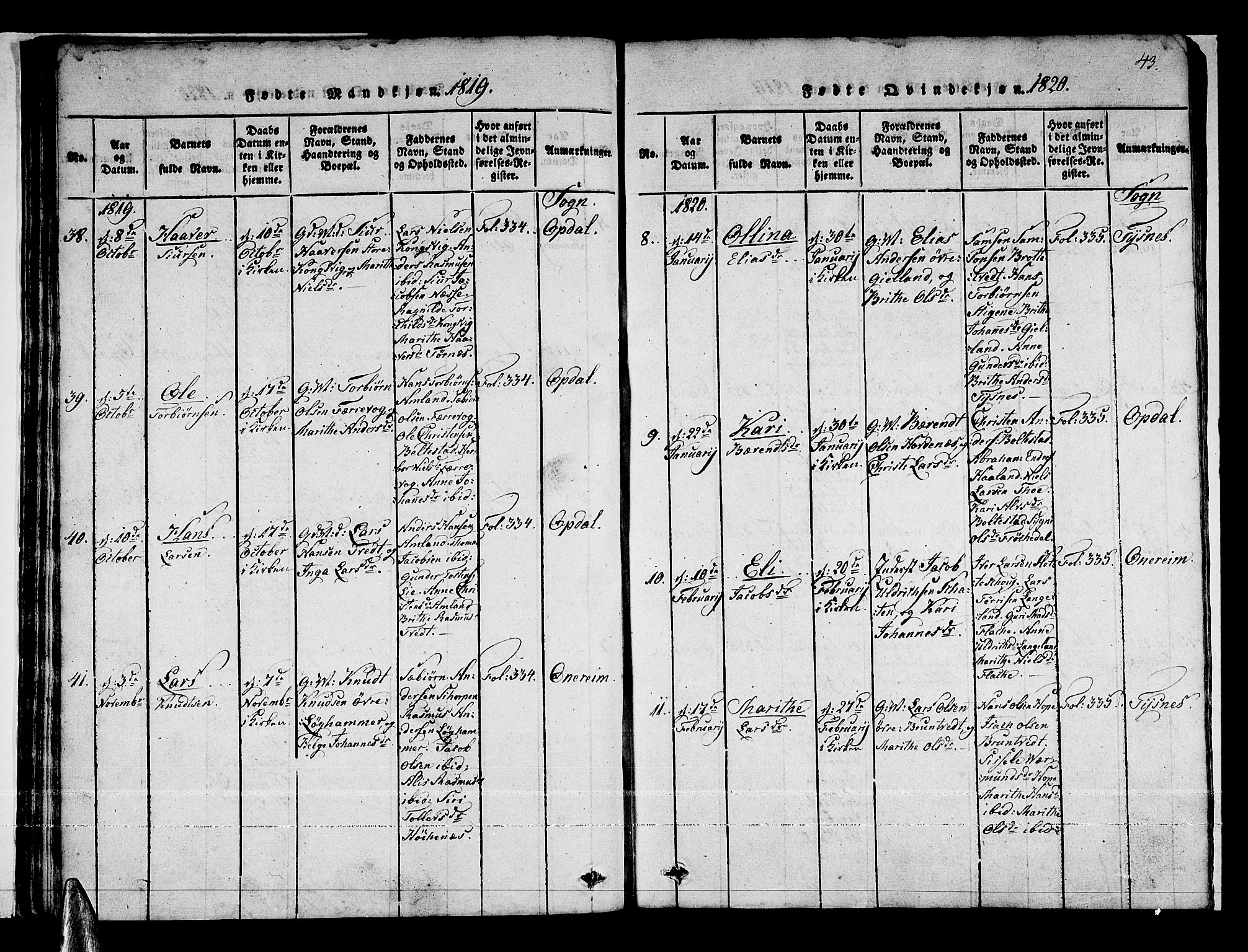 Tysnes sokneprestembete, AV/SAB-A-78601/H/Haa: Parish register (official) no. A 7, 1816-1826, p. 43