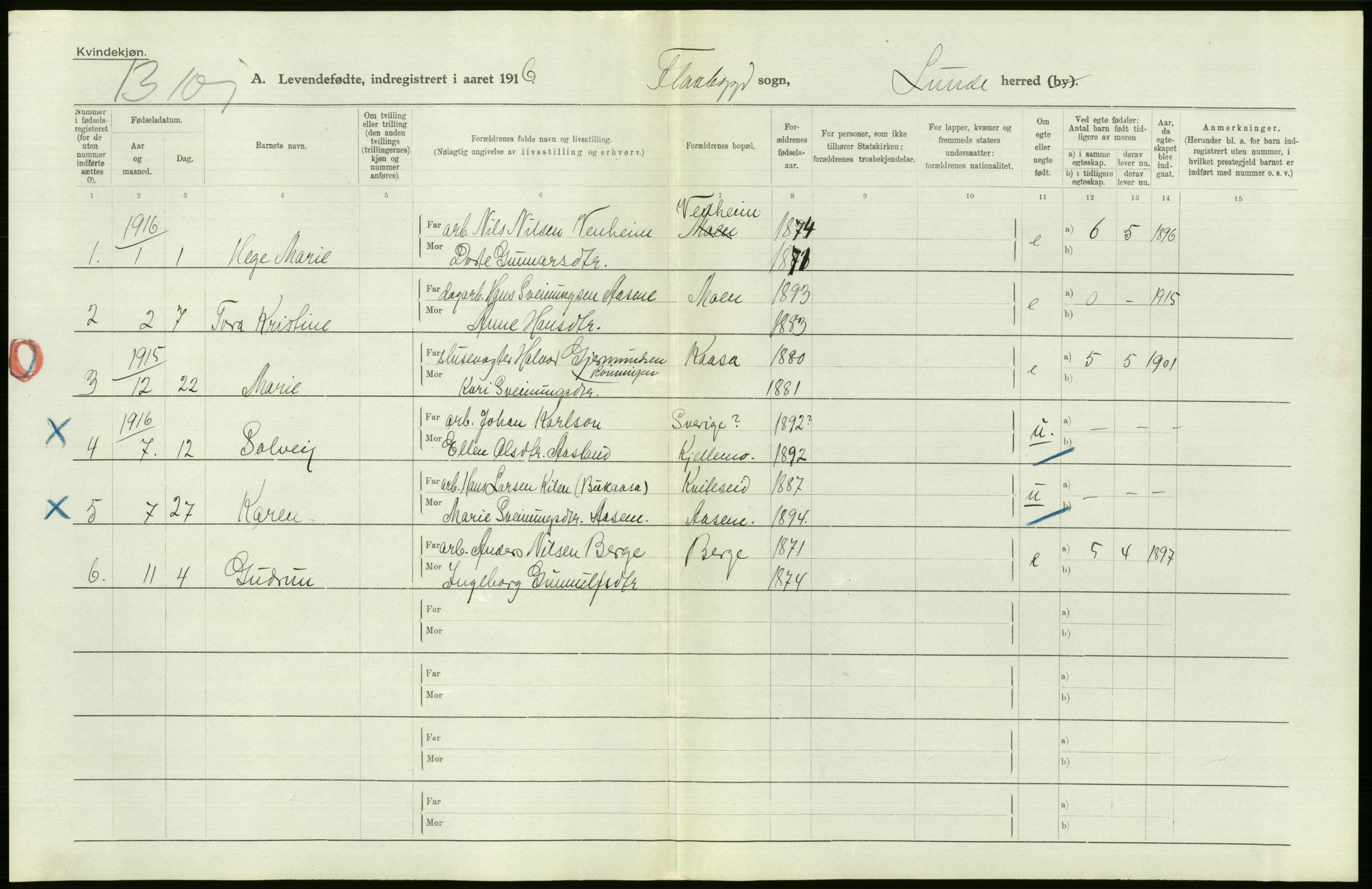 Statistisk sentralbyrå, Sosiodemografiske emner, Befolkning, AV/RA-S-2228/D/Df/Dfb/Dfbf/L0022: Bratsberg amt: Levendefødte menn og kvinner. Bygder., 1916, p. 308