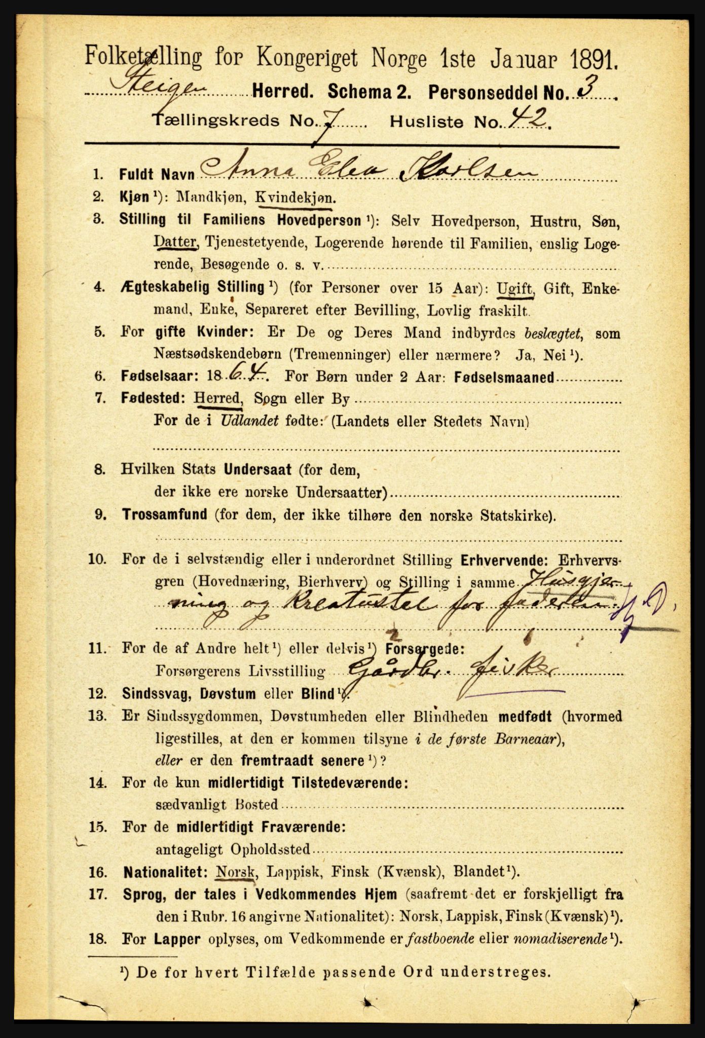 RA, 1891 census for 1848 Steigen, 1891, p. 2504