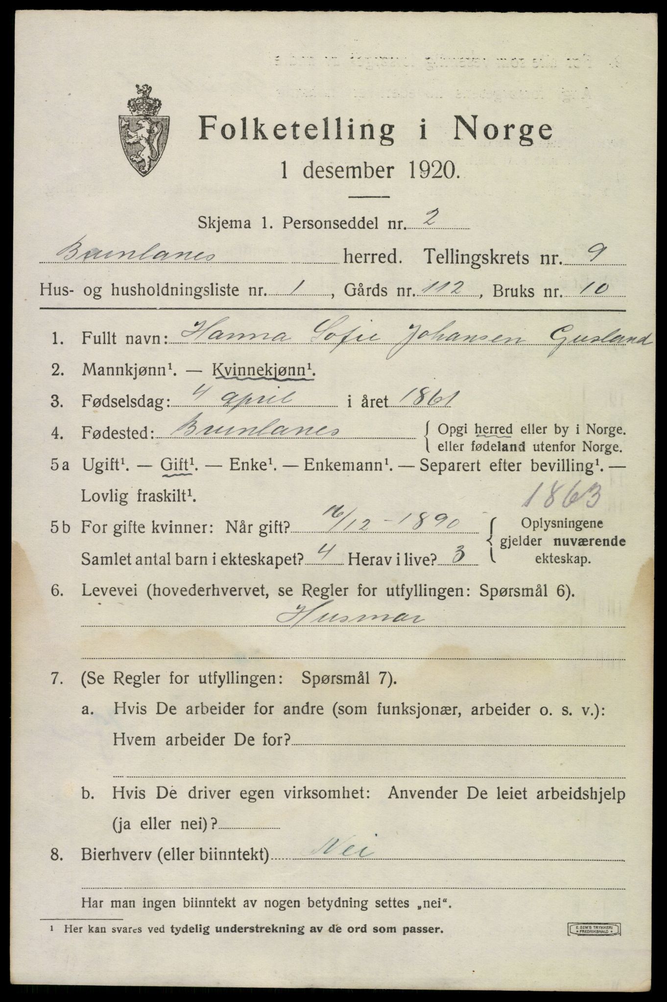 SAKO, 1920 census for Brunlanes, 1920, p. 7869