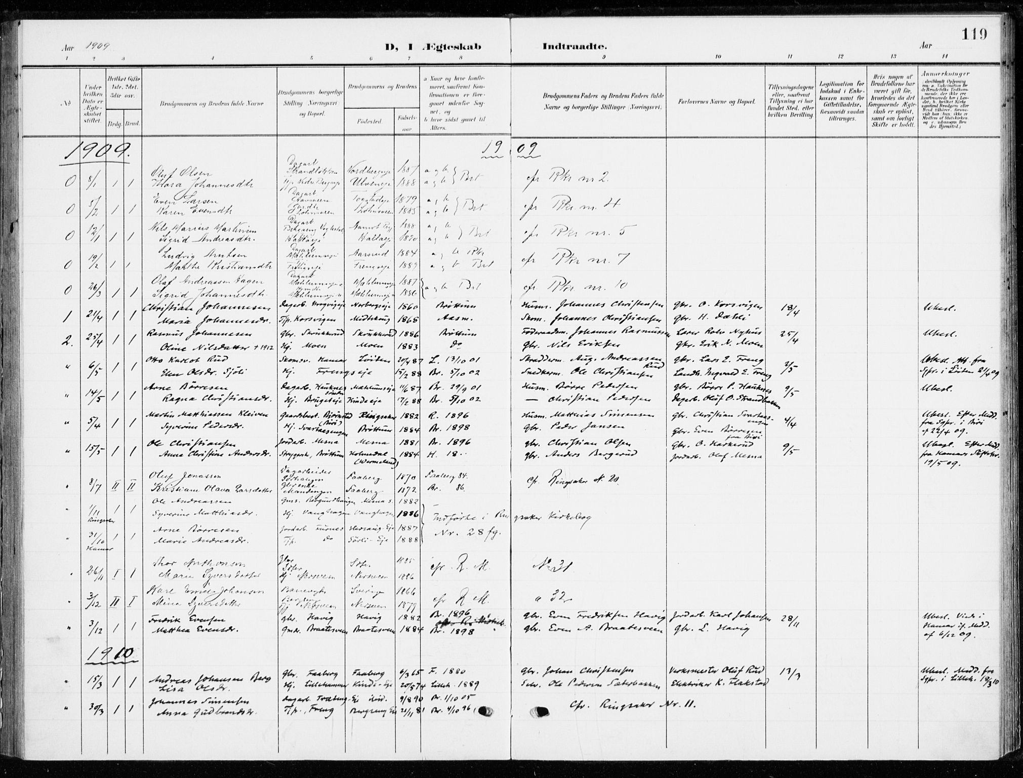 Ringsaker prestekontor, AV/SAH-PREST-014/K/Ka/L0021: Parish register (official) no. 21, 1905-1920, p. 119