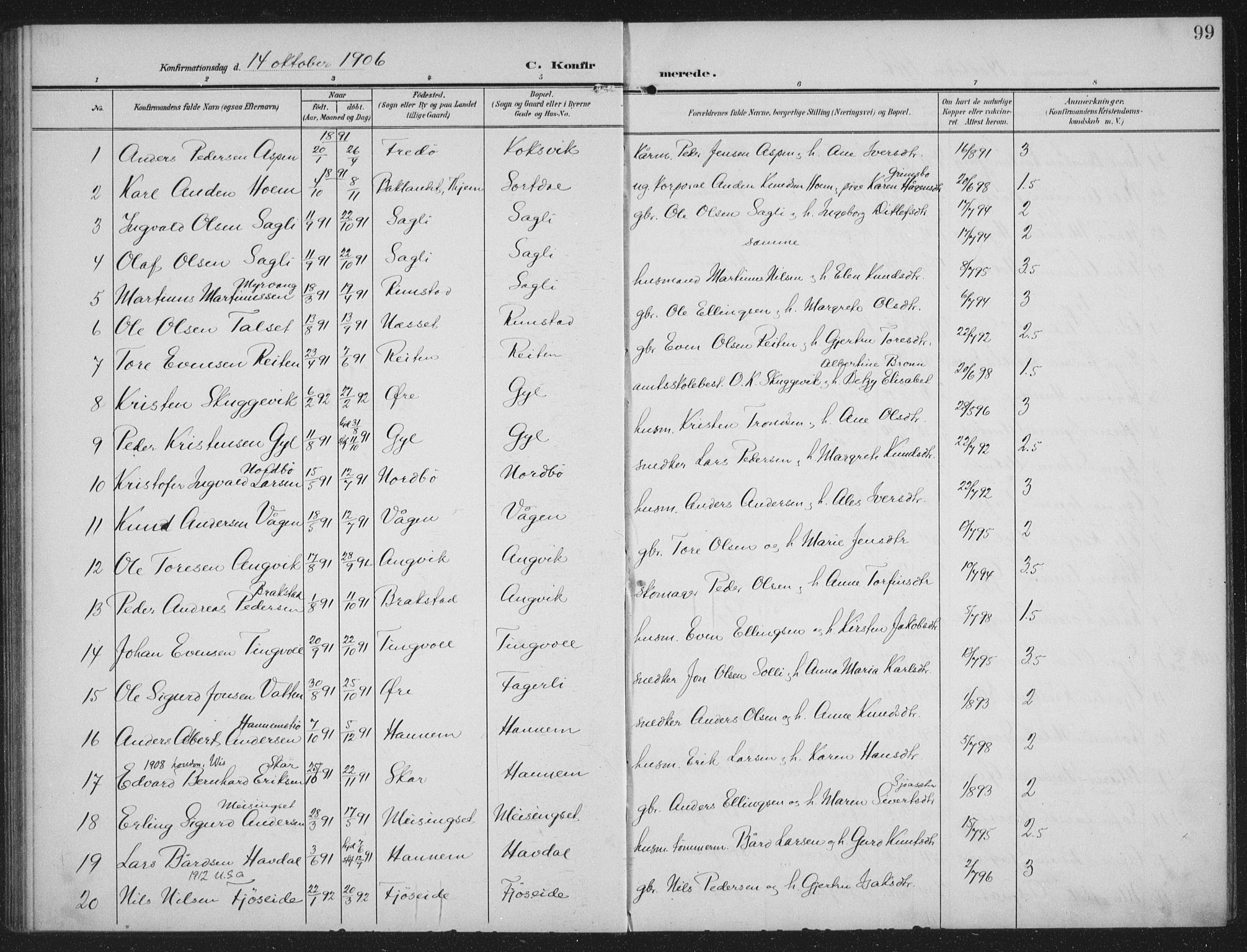 Ministerialprotokoller, klokkerbøker og fødselsregistre - Møre og Romsdal, AV/SAT-A-1454/586/L0989: Parish register (official) no. 586A15, 1906-1915, p. 99