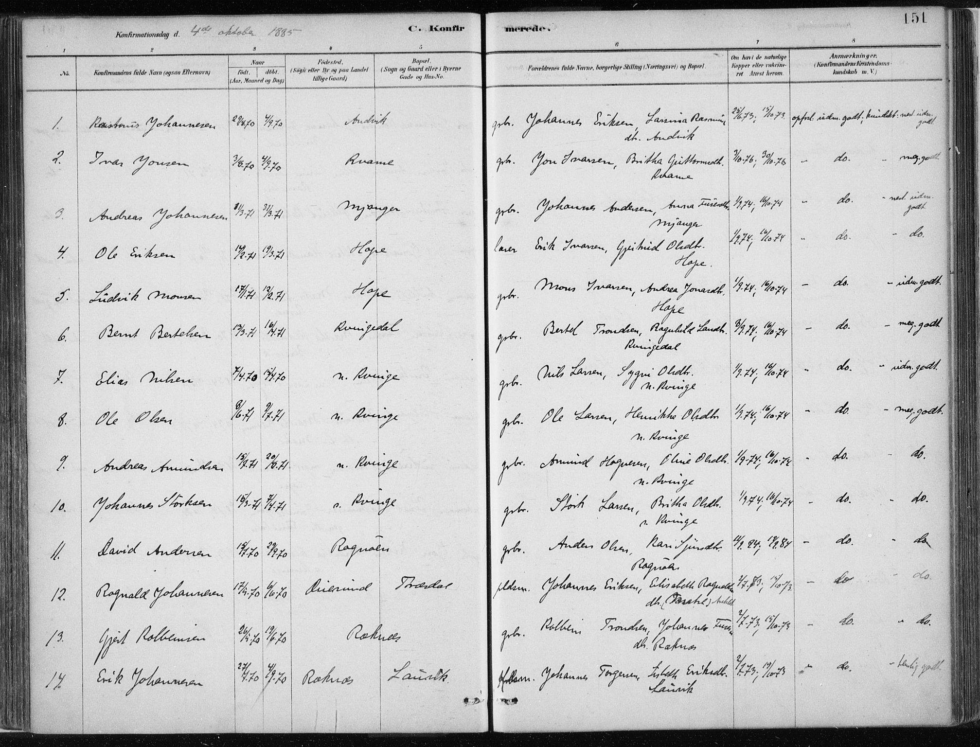 Masfjorden Sokneprestembete, SAB/A-77001: Parish register (official) no. B  1, 1876-1899, p. 151