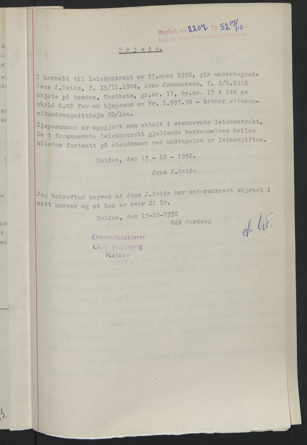 Idd og Marker sorenskriveri, AV/SAO-A-10283/G/Gb/Gbb/L0014: Mortgage book no. A14, 1950-1950, Diary no: : 2207/1952