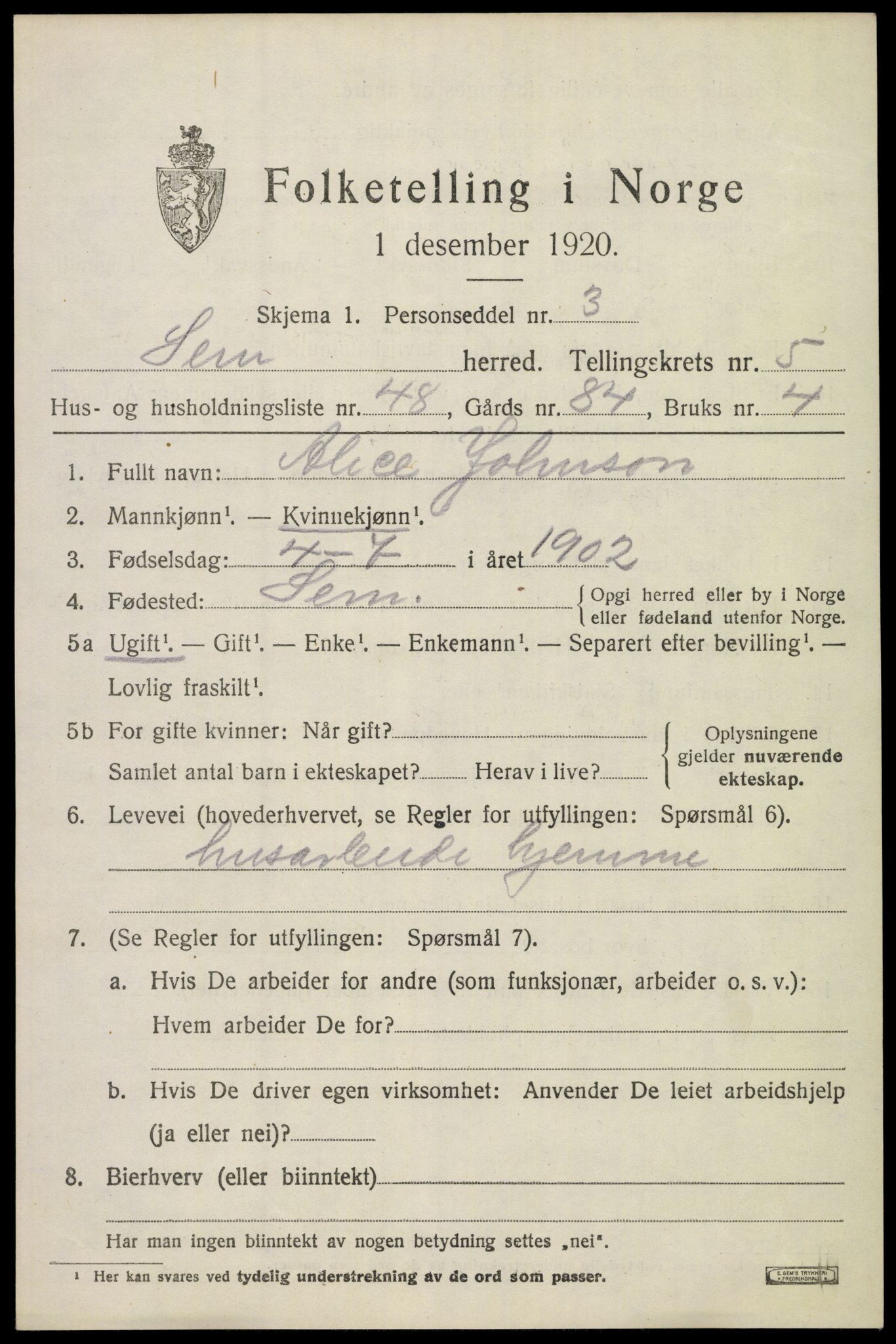 SAKO, 1920 census for Sem, 1920, p. 8339