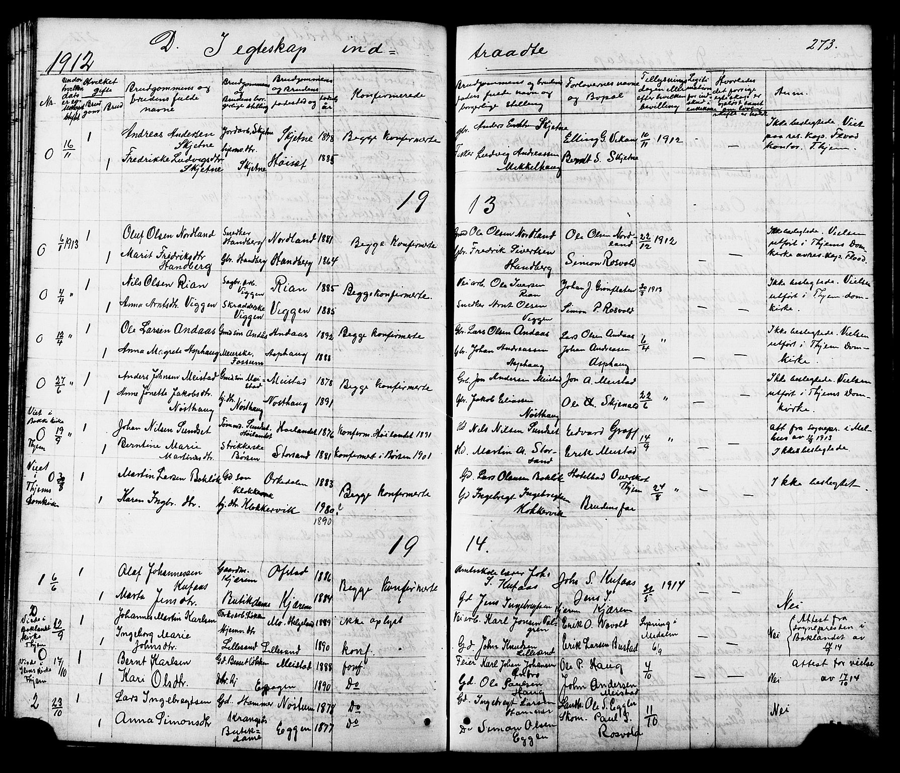 Ministerialprotokoller, klokkerbøker og fødselsregistre - Sør-Trøndelag, SAT/A-1456/665/L0777: Parish register (copy) no. 665C02, 1867-1915, p. 273