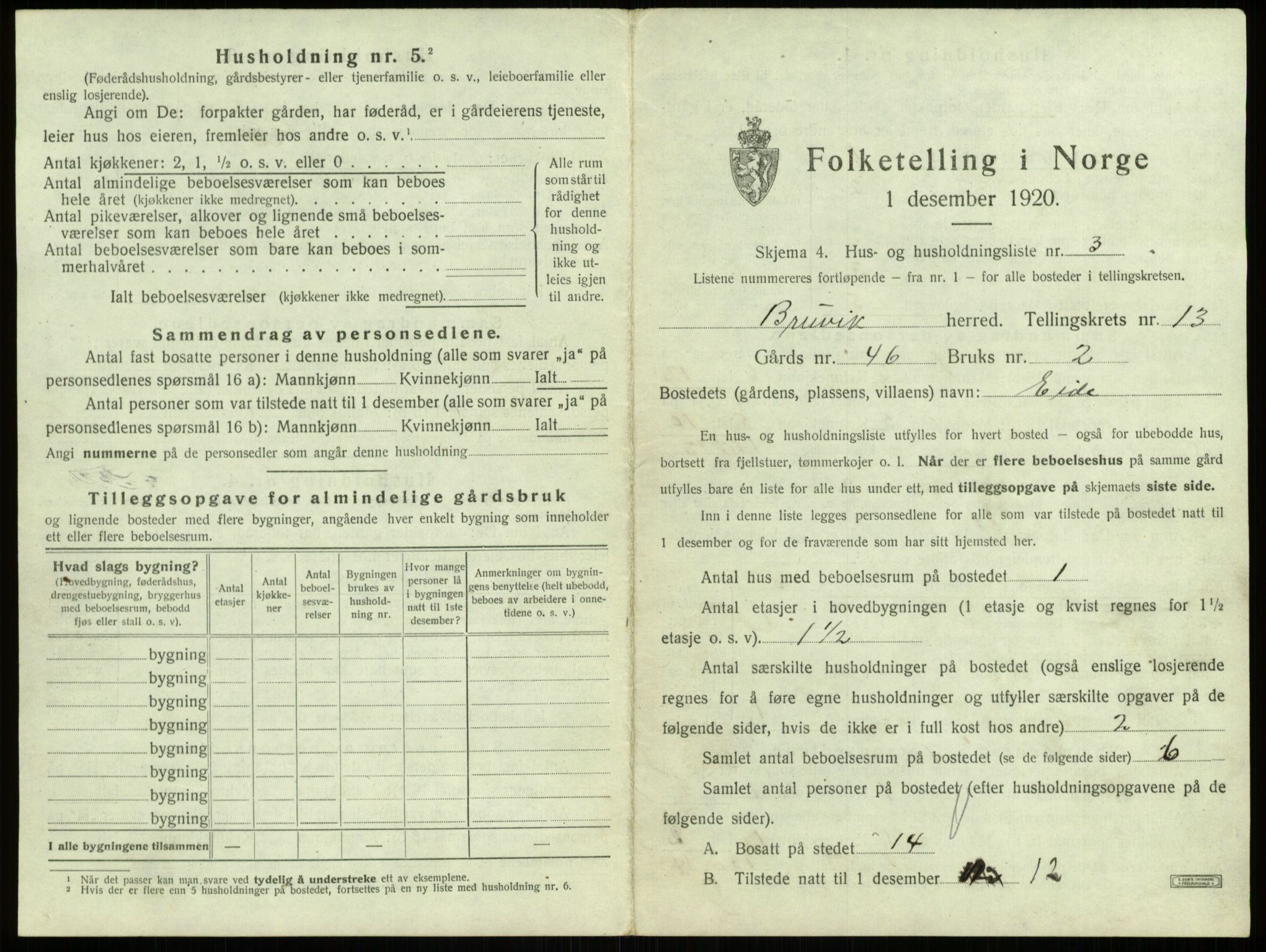 SAB, 1920 census for Bruvik, 1920, p. 887