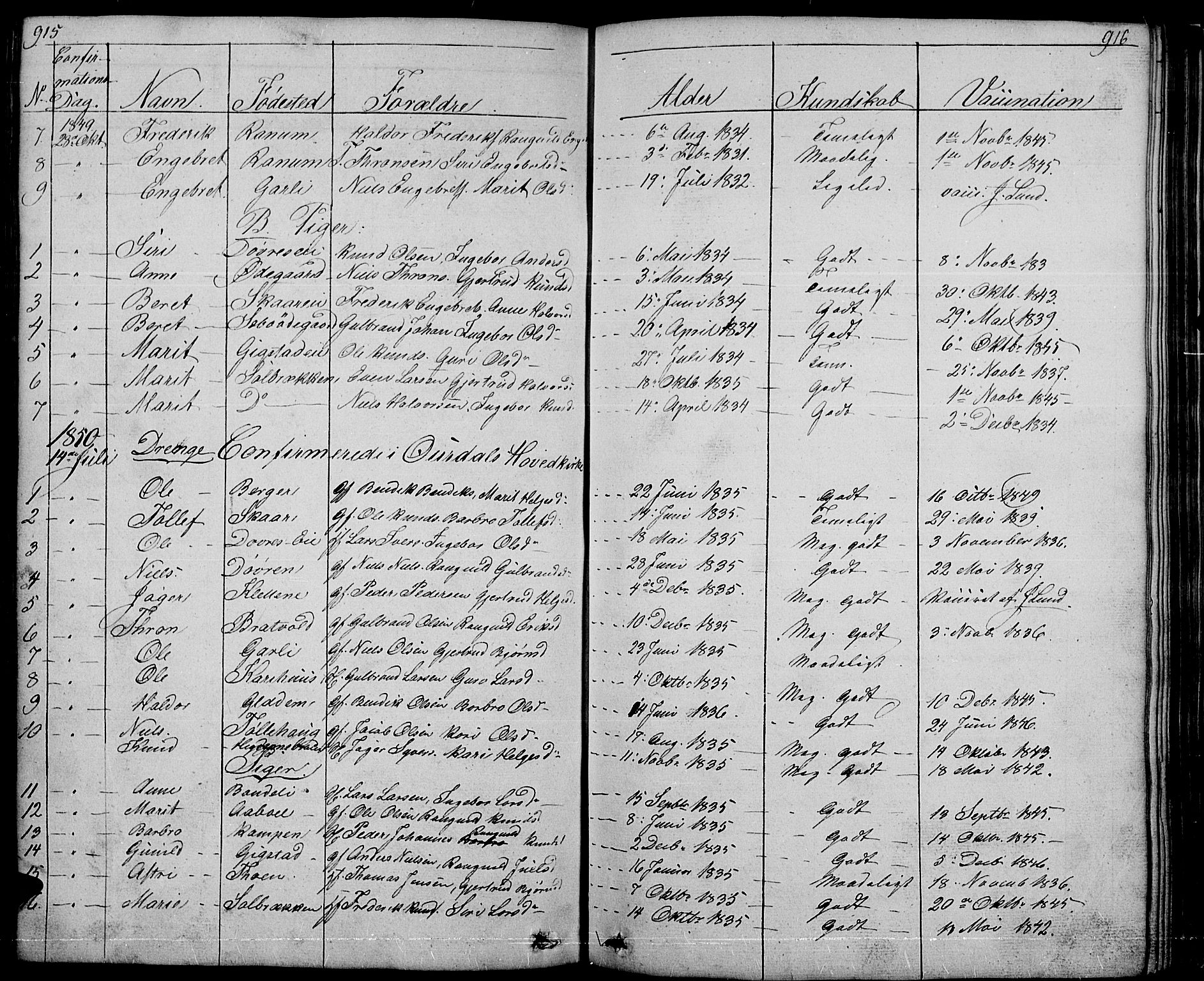 Nord-Aurdal prestekontor, SAH/PREST-132/H/Ha/Hab/L0001: Parish register (copy) no. 1, 1834-1887, p. 915-916