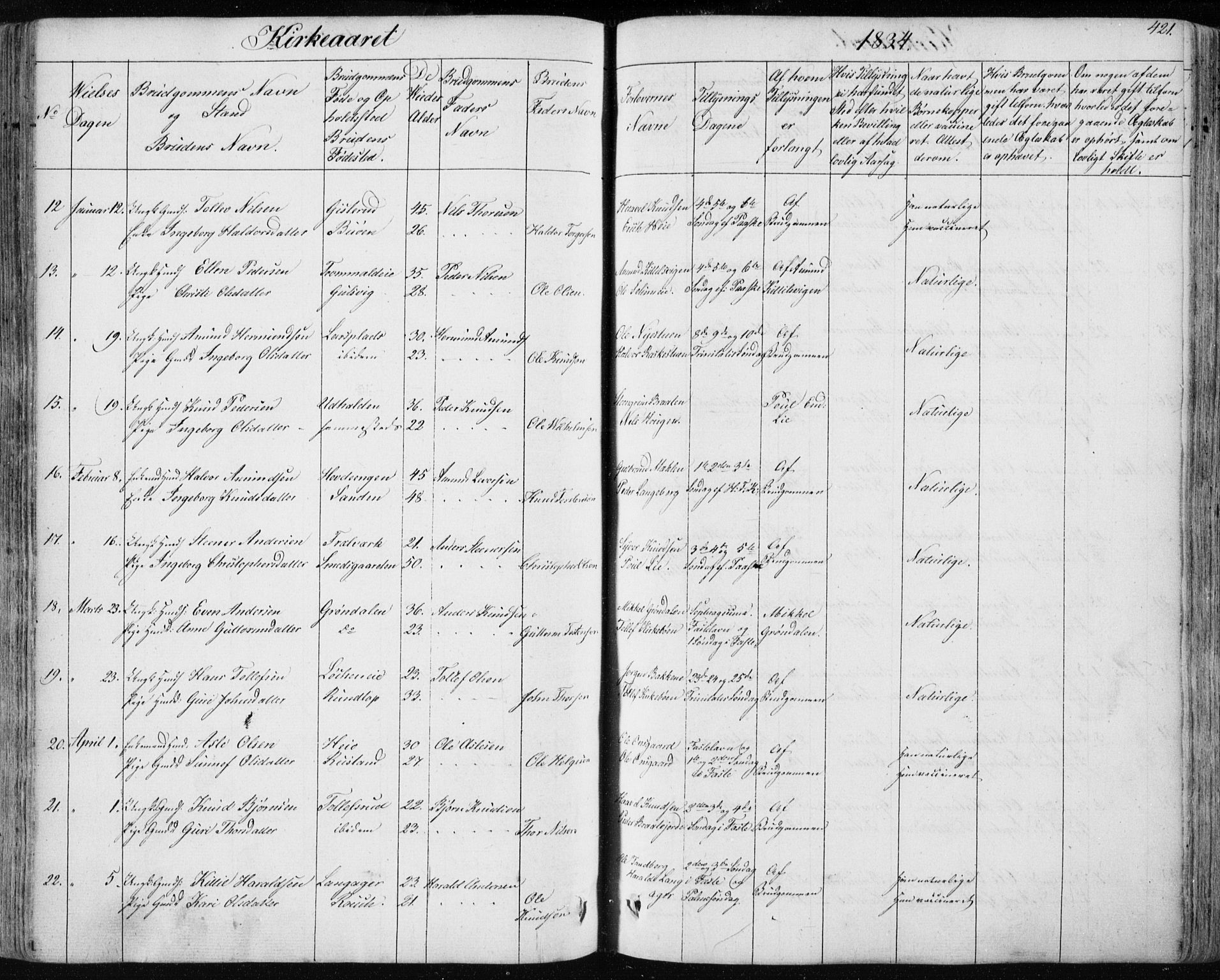 Nes kirkebøker, AV/SAKO-A-236/F/Fa/L0009: Parish register (official) no. 9, 1834-1863, p. 421