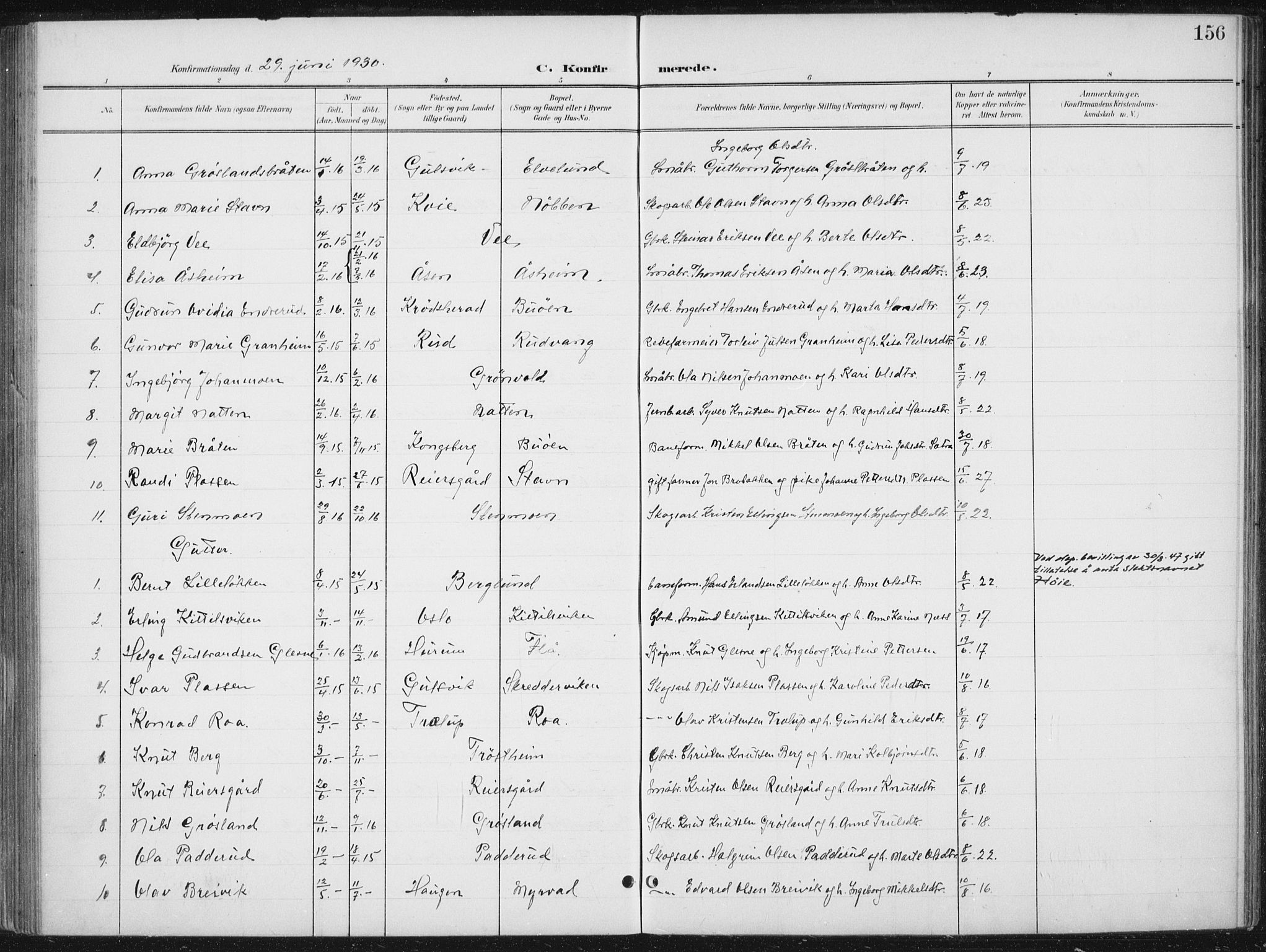 Nes kirkebøker, AV/SAKO-A-236/G/Gb/L0001: Parish register (copy) no. II 1, 1901-1939, p. 156