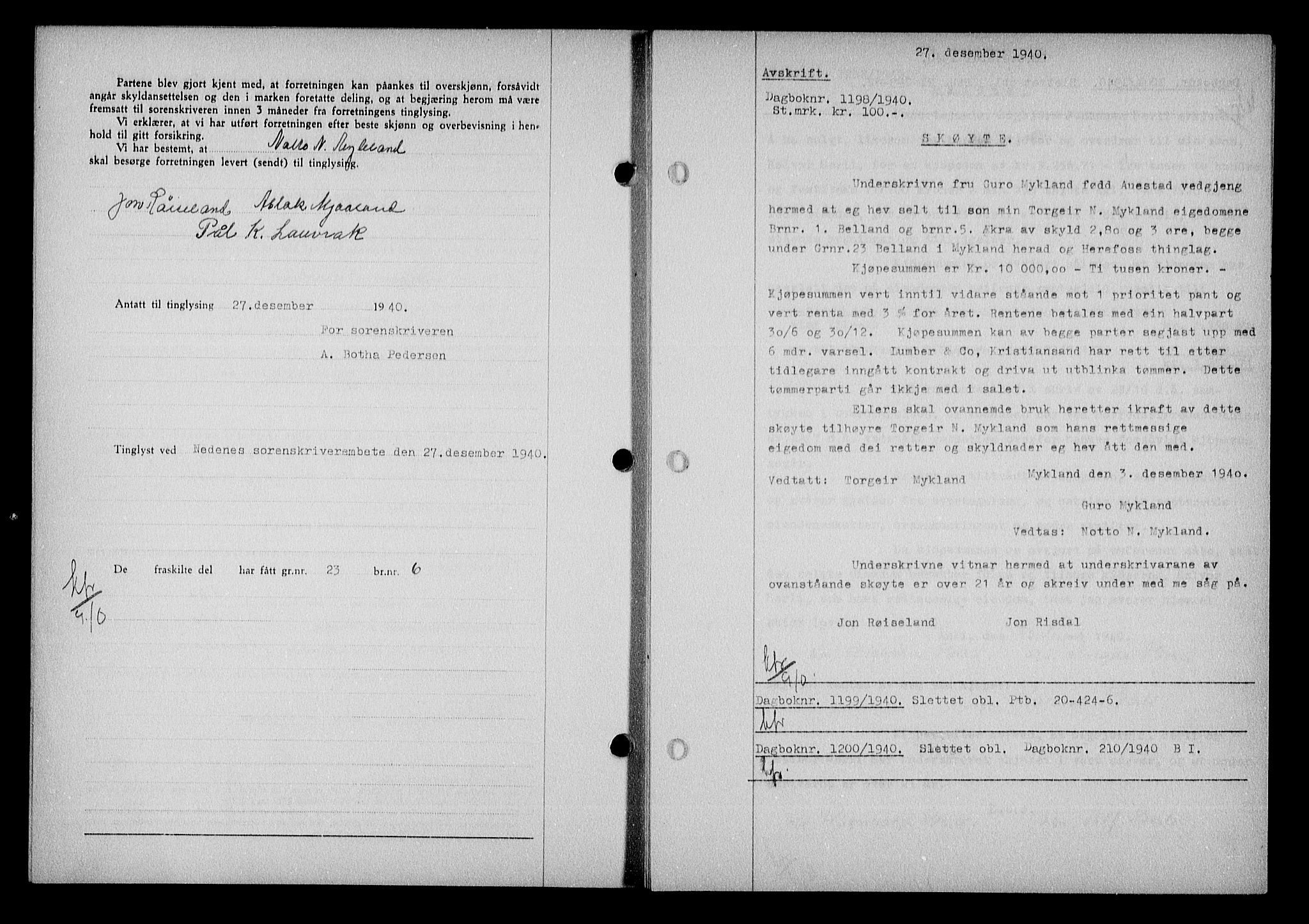 Nedenes sorenskriveri, AV/SAK-1221-0006/G/Gb/Gba/L0048: Mortgage book no. A-II, 1940-1941, Diary no: : 1198/1940