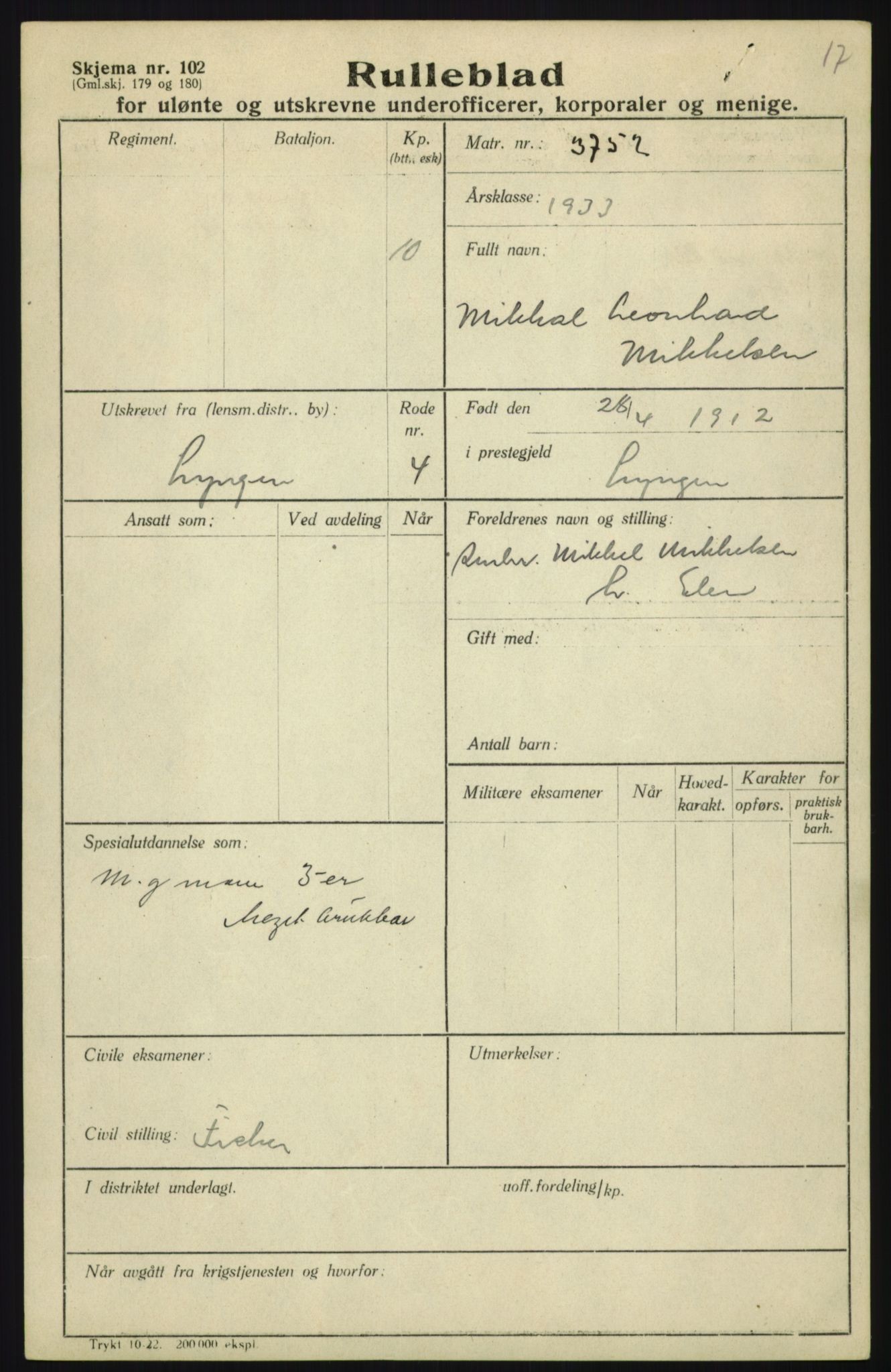 Forsvaret, Troms infanteriregiment nr. 16, AV/RA-RAFA-3146/P/Pa/L0017: Rulleblad for regimentets menige mannskaper, årsklasse 1933, 1933, p. 819