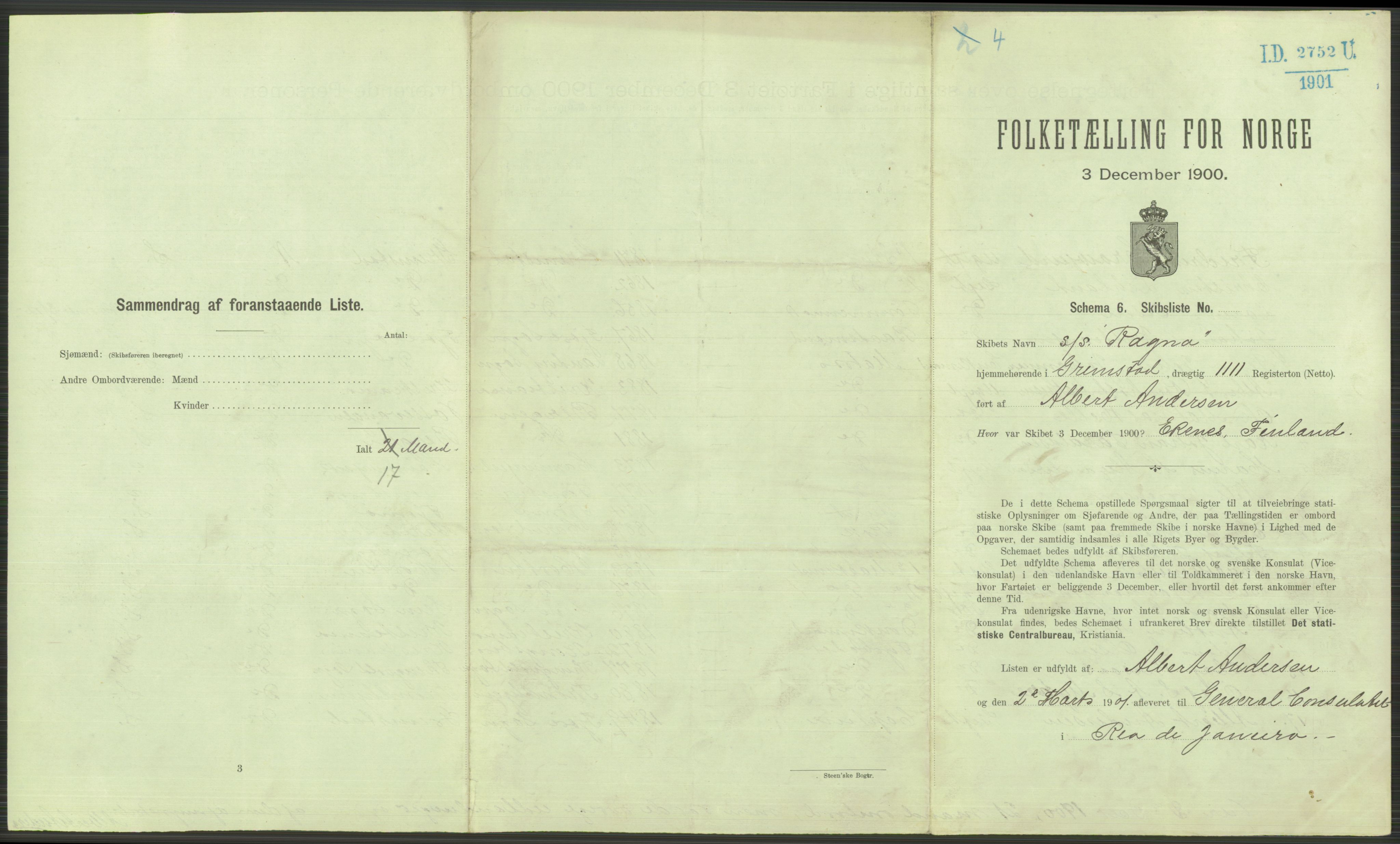 RA, 1900 Census - ship lists from ships in Norwegian harbours, harbours abroad and at sea, 1900, p. 3665