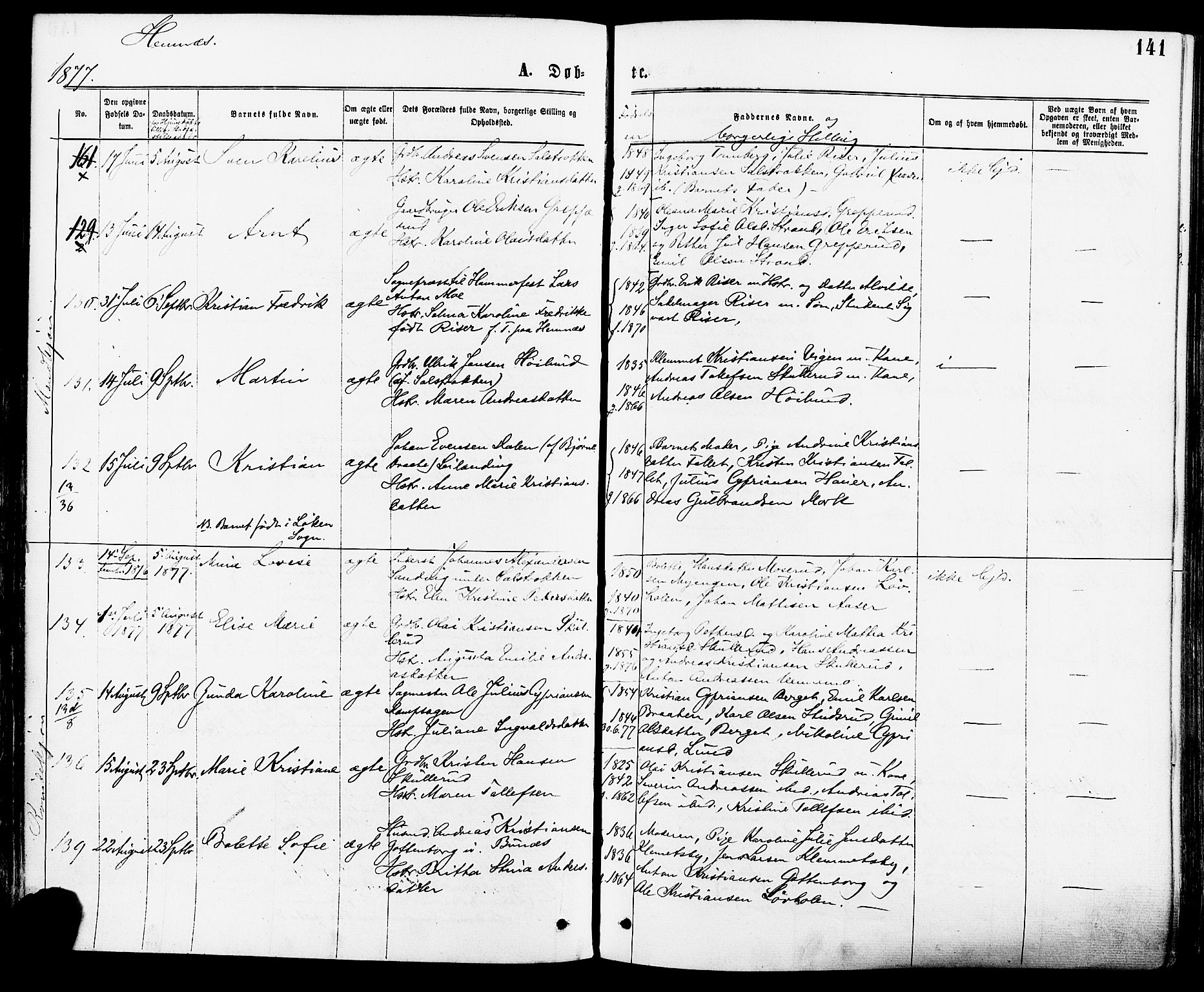 Høland prestekontor Kirkebøker, SAO/A-10346a/F/Fa/L0012.a: Parish register (official) no. I 12A, 1869-1879, p. 141