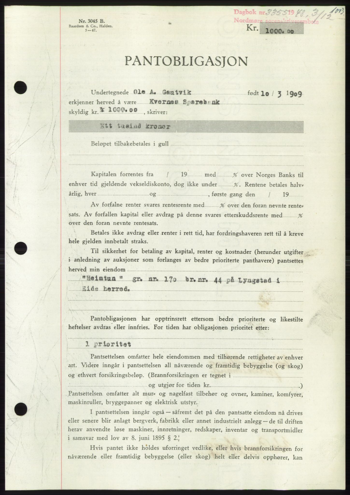 Nordmøre sorenskriveri, AV/SAT-A-4132/1/2/2Ca: Mortgage book no. B100, 1948-1949, Diary no: : 3355/1948