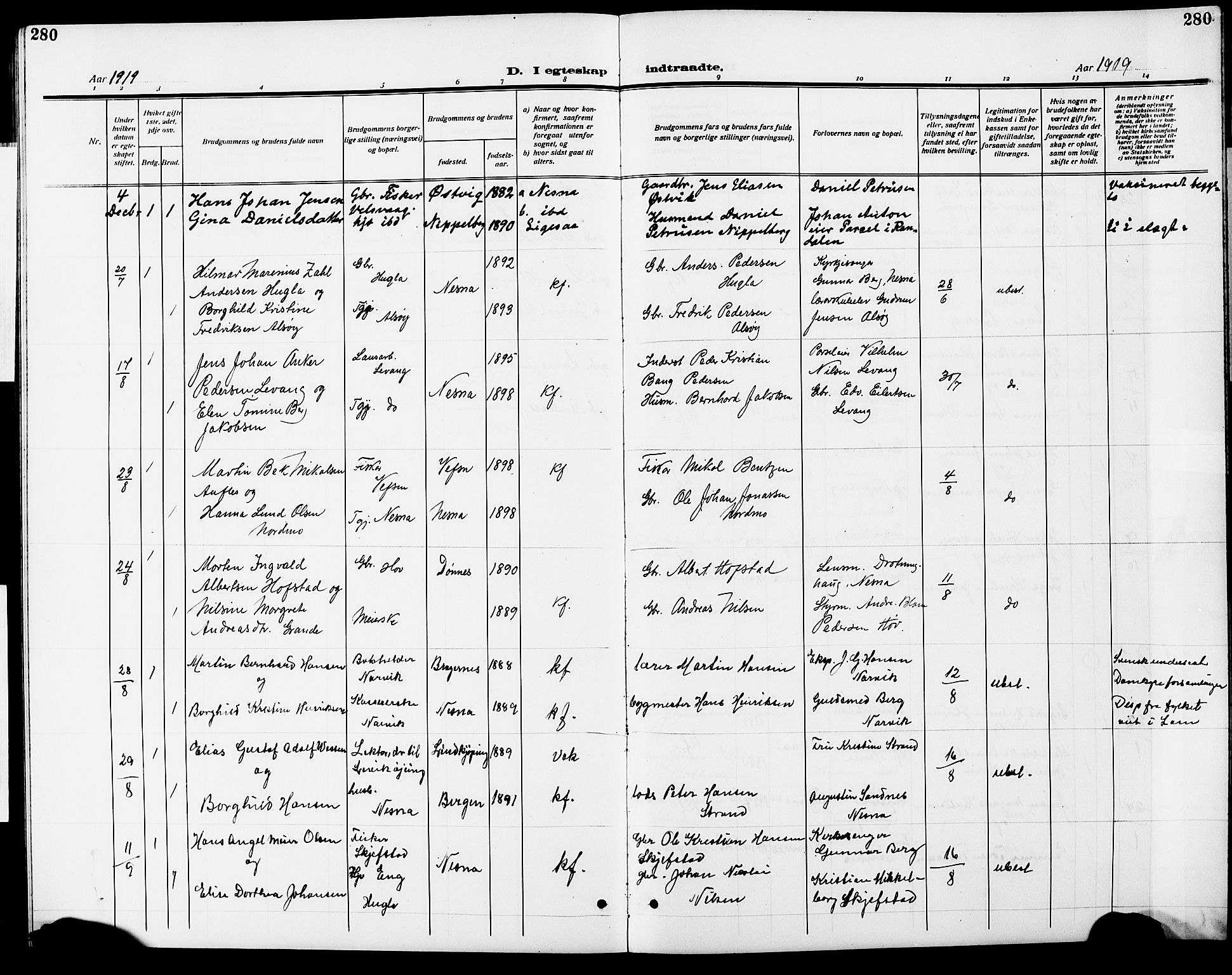 Ministerialprotokoller, klokkerbøker og fødselsregistre - Nordland, SAT/A-1459/838/L0560: Parish register (copy) no. 838C07, 1910-1928, p. 280
