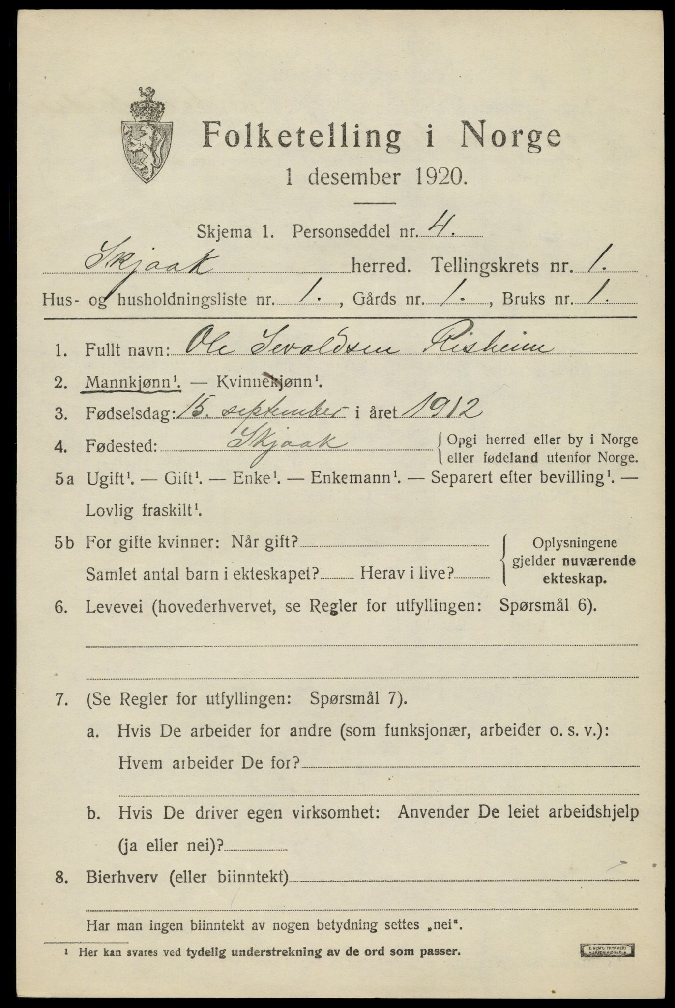 SAH, 1920 census for Skjåk, 1920, p. 826