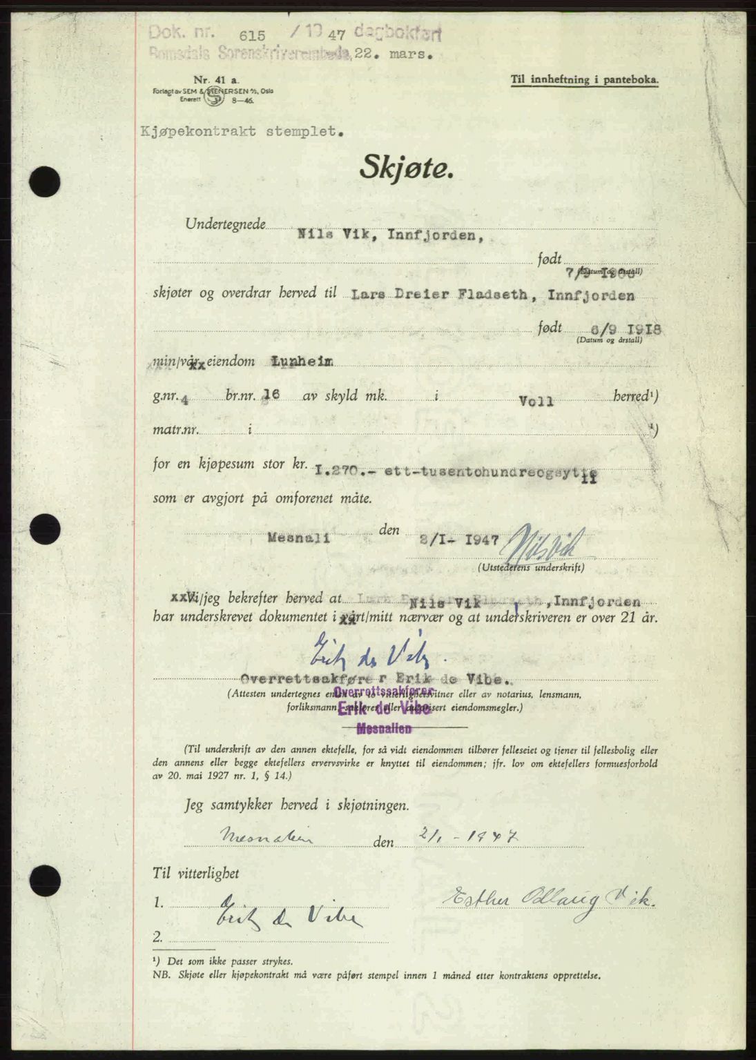 Romsdal sorenskriveri, SAT/A-4149/1/2/2C: Mortgage book no. A22, 1947-1947, Diary no: : 615/1947