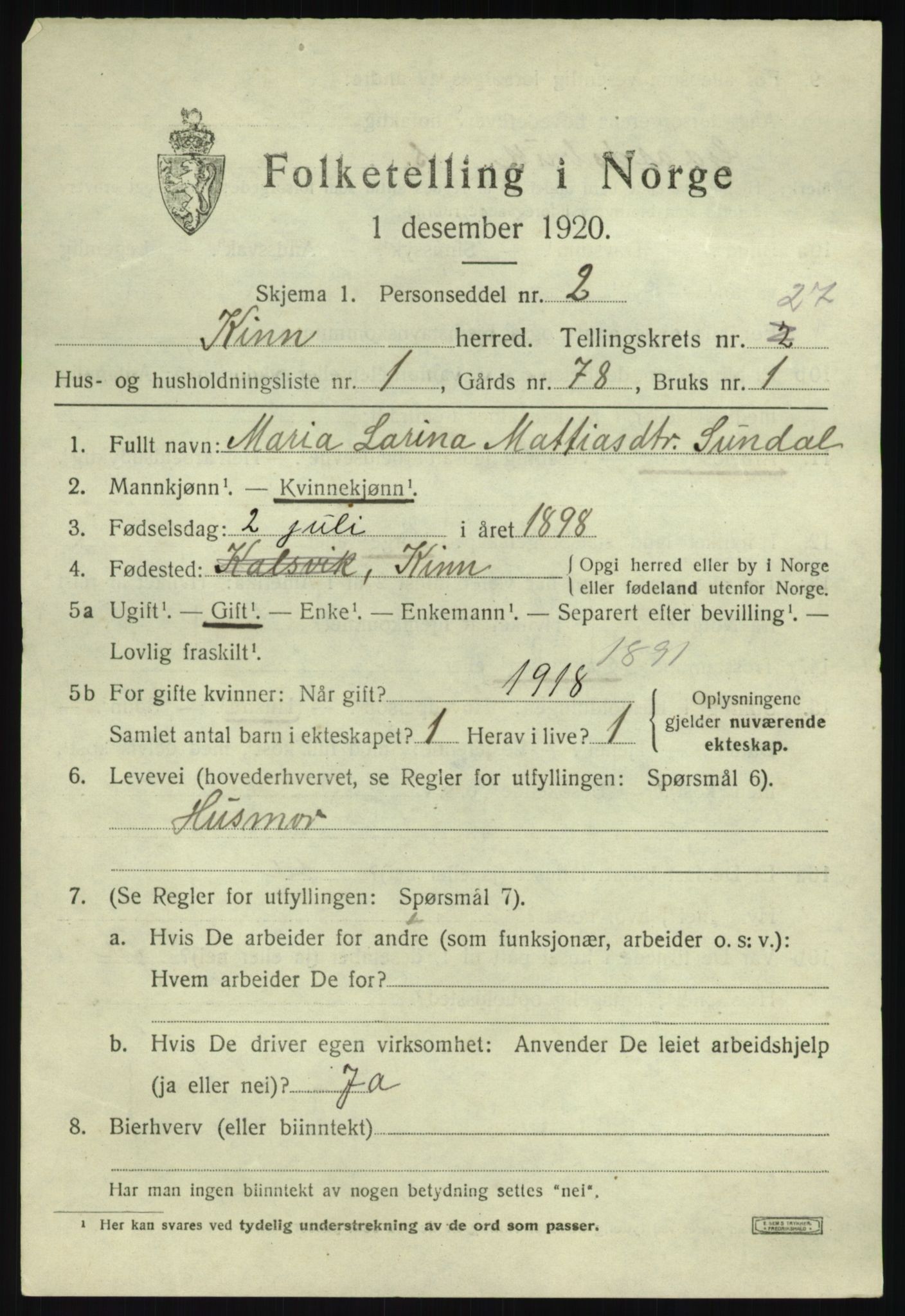 SAB, 1920 census for Kinn, 1920, p. 9147