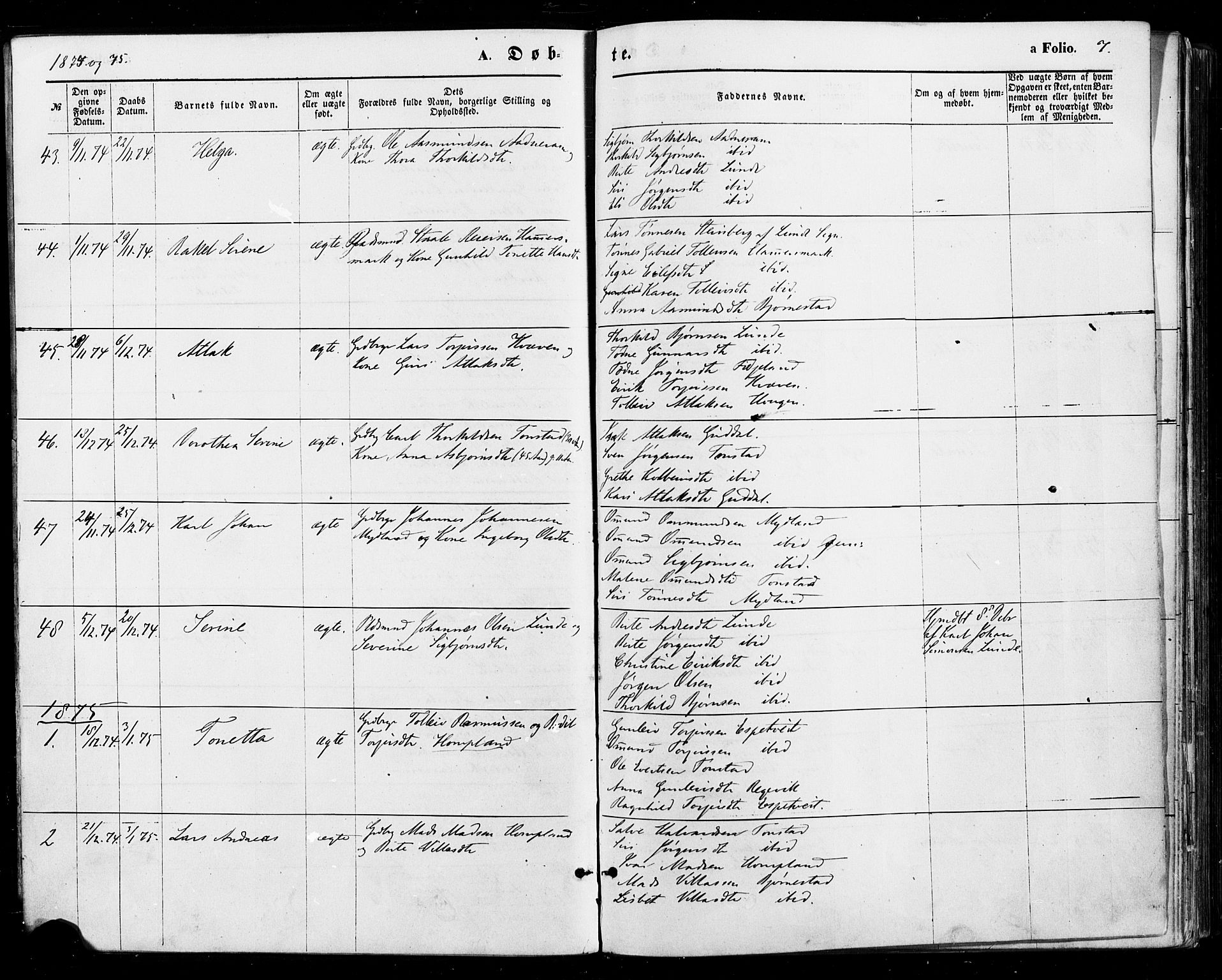 Sirdal sokneprestkontor, AV/SAK-1111-0036/F/Fa/Fab/L0003: Parish register (official) no. A 3, 1874-1886, p. 7