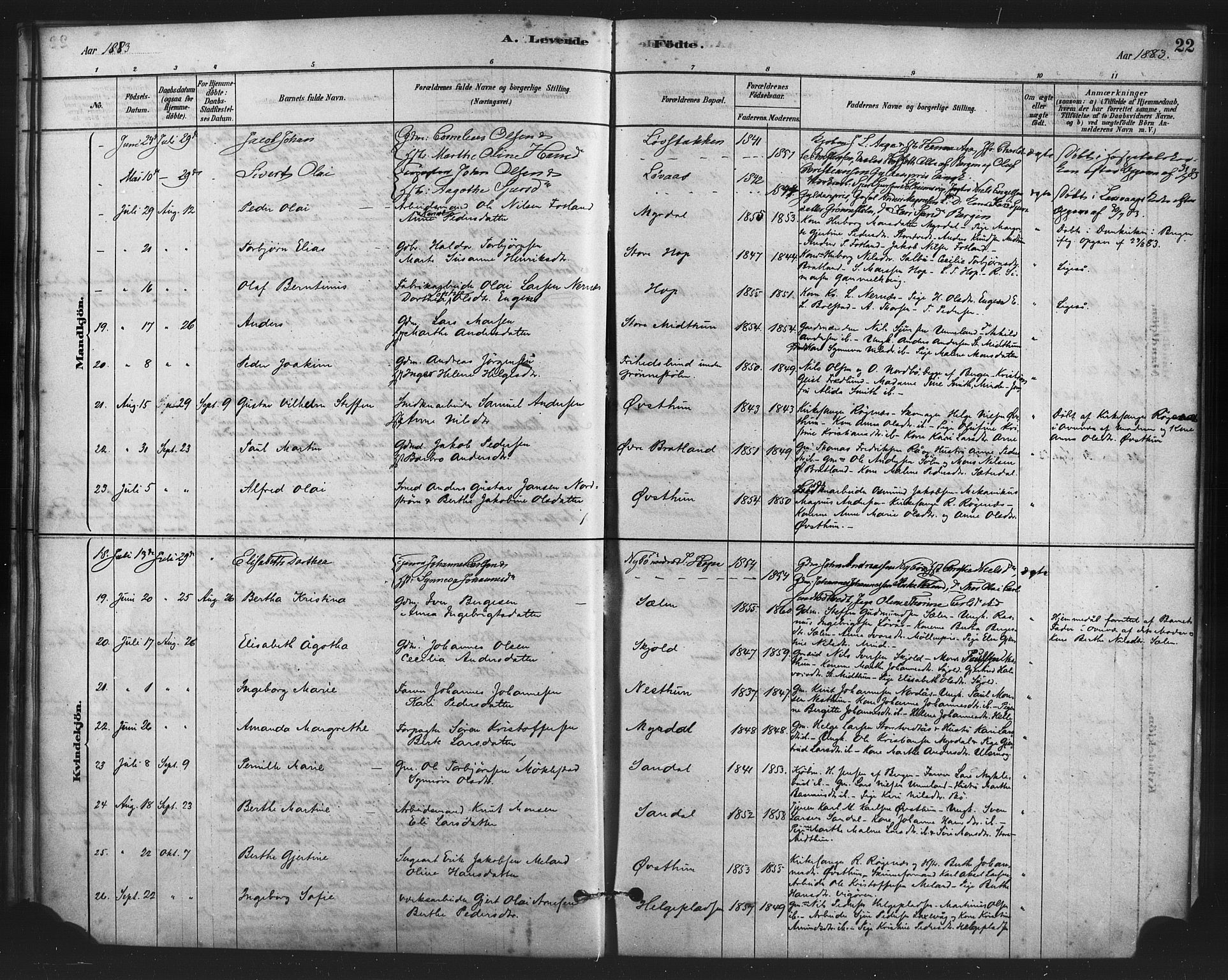 Fana Sokneprestembete, AV/SAB-A-75101/H/Haa/Haai/L0001: Parish register (official) no. I 1, 1878-1888, p. 22