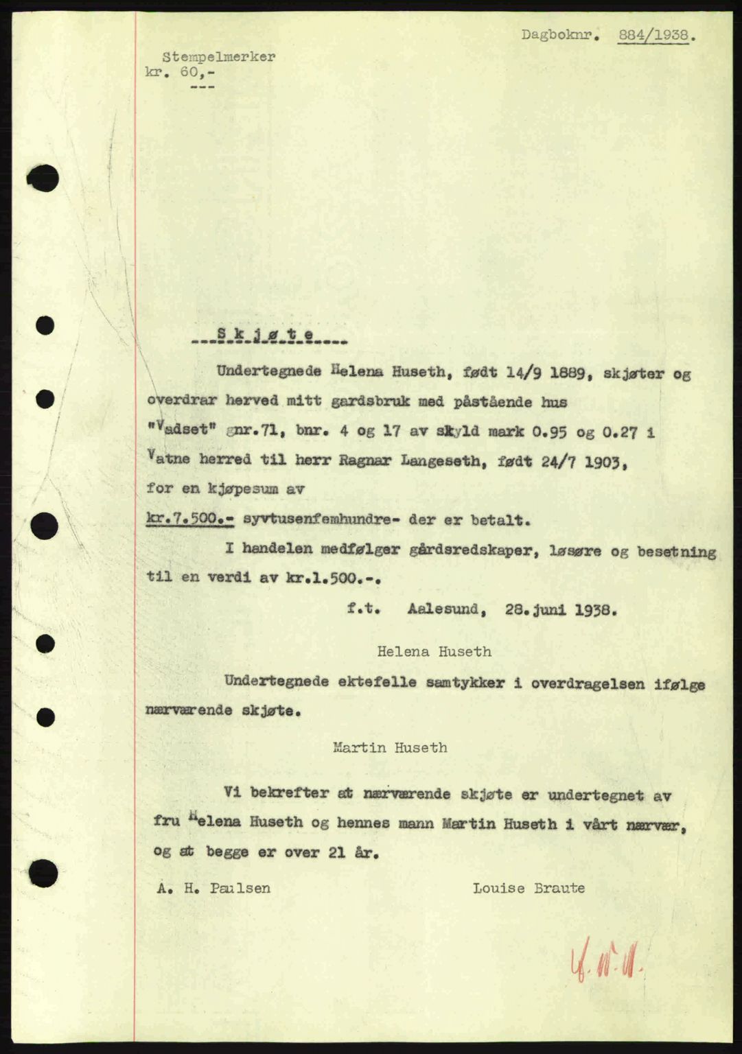 Nordre Sunnmøre sorenskriveri, AV/SAT-A-0006/1/2/2C/2Ca: Mortgage book no. A4, 1937-1938, Diary no: : 884/1938