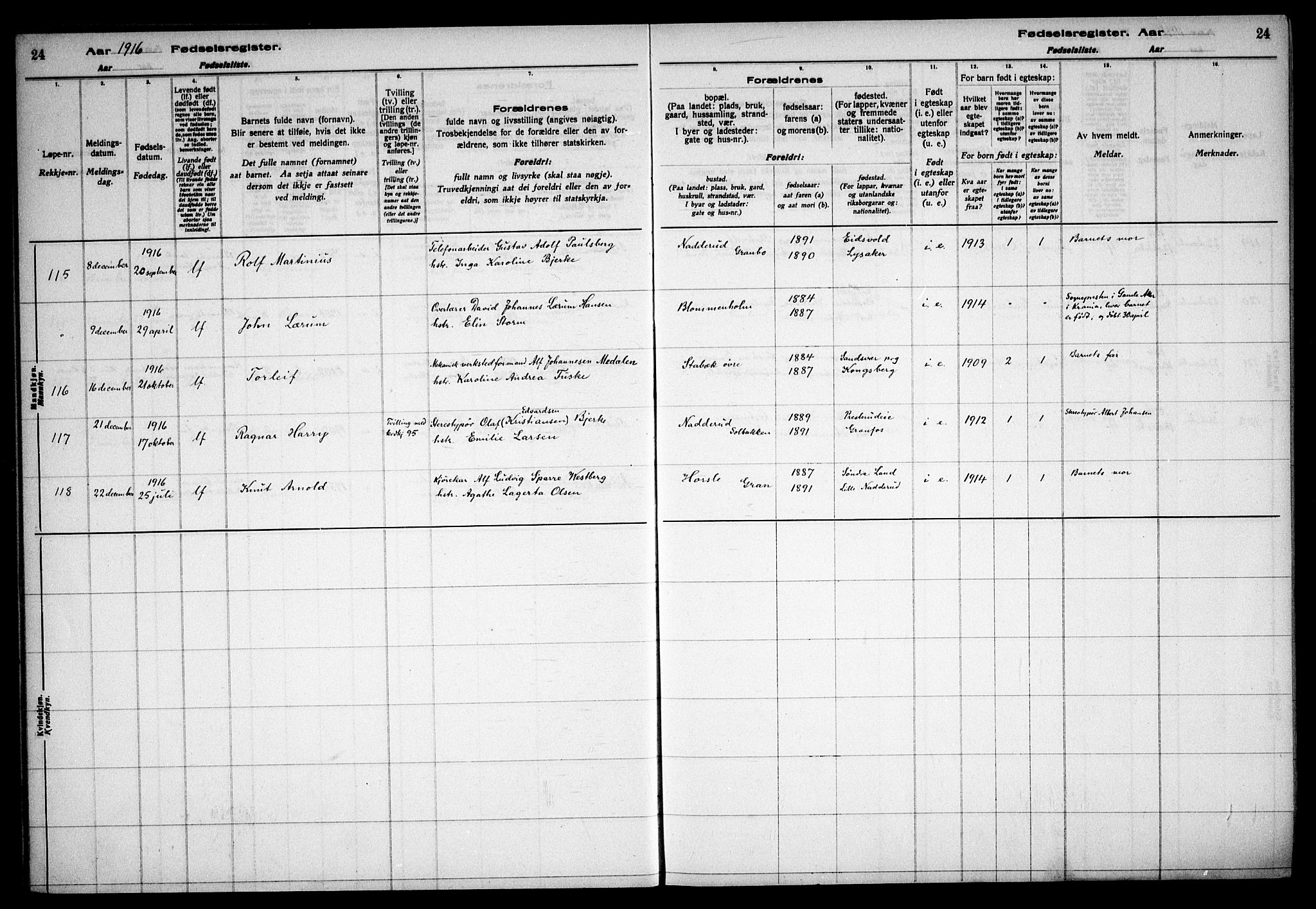 Østre Bærum prestekontor Kirkebøker, AV/SAO-A-10887/J/Ja/L0001: Birth register no. 1, 1916-1922, p. 24