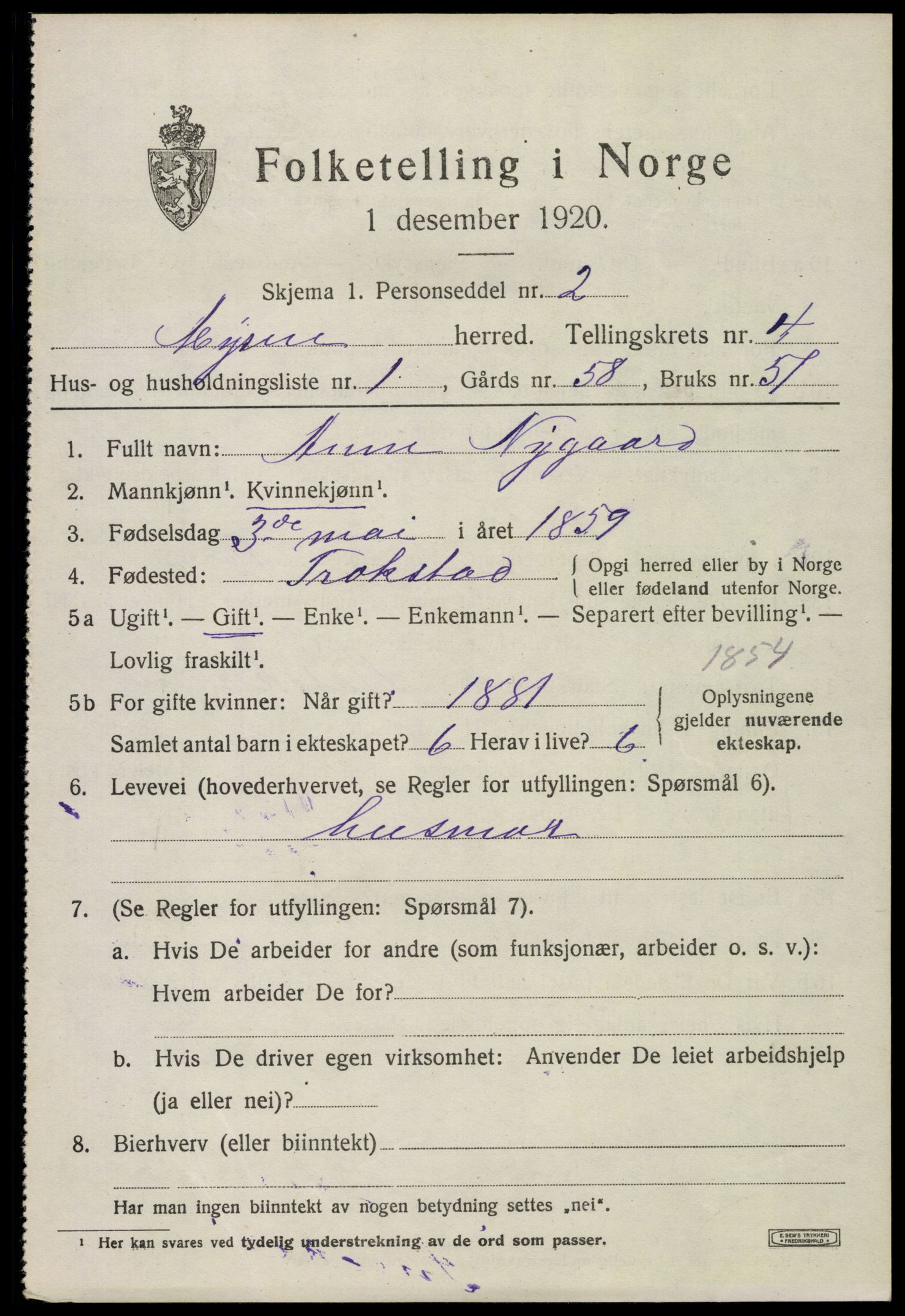 SAO, 1920 census for Mysen, 1920, p. 2439