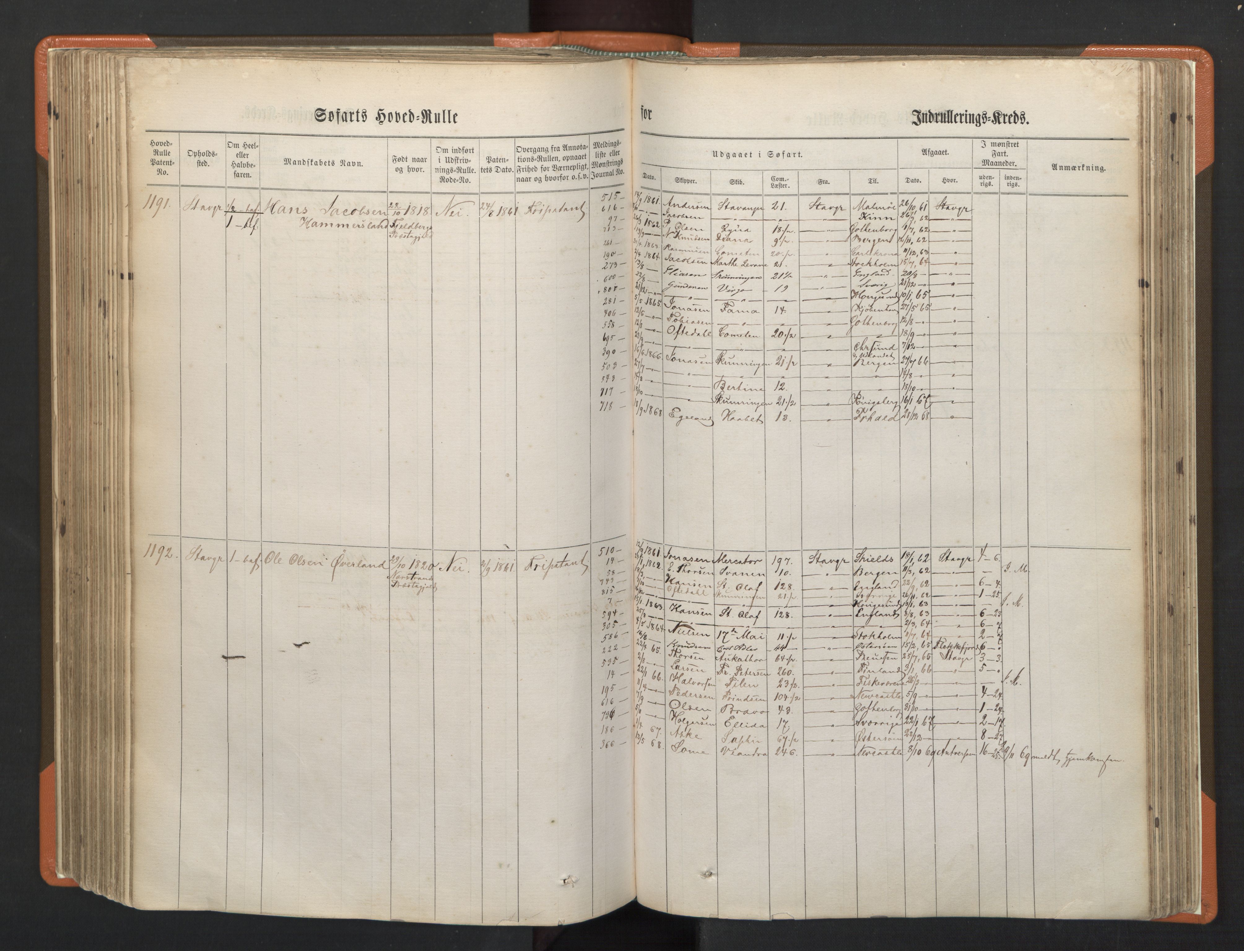 Stavanger sjømannskontor, AV/SAST-A-102006/F/Fb/Fbb/L0002: Sjøfartshovedrulle, patentnr. 721-1450 (del 2), 1863, p. 242