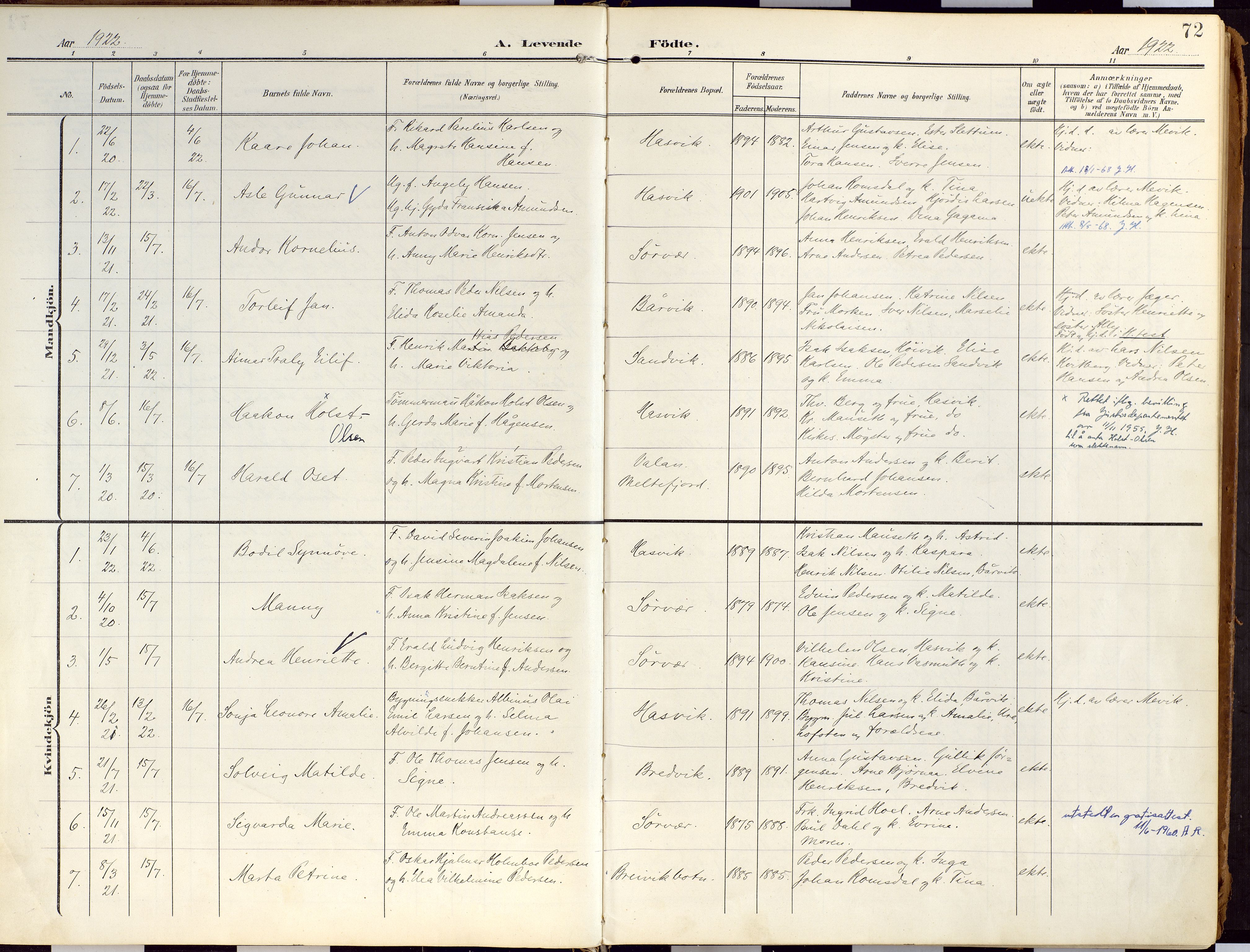 Loppa sokneprestkontor, SATØ/S-1339/H/Ha/L0010kirke: Parish register (official) no. 10, 1907-1922, p. 72