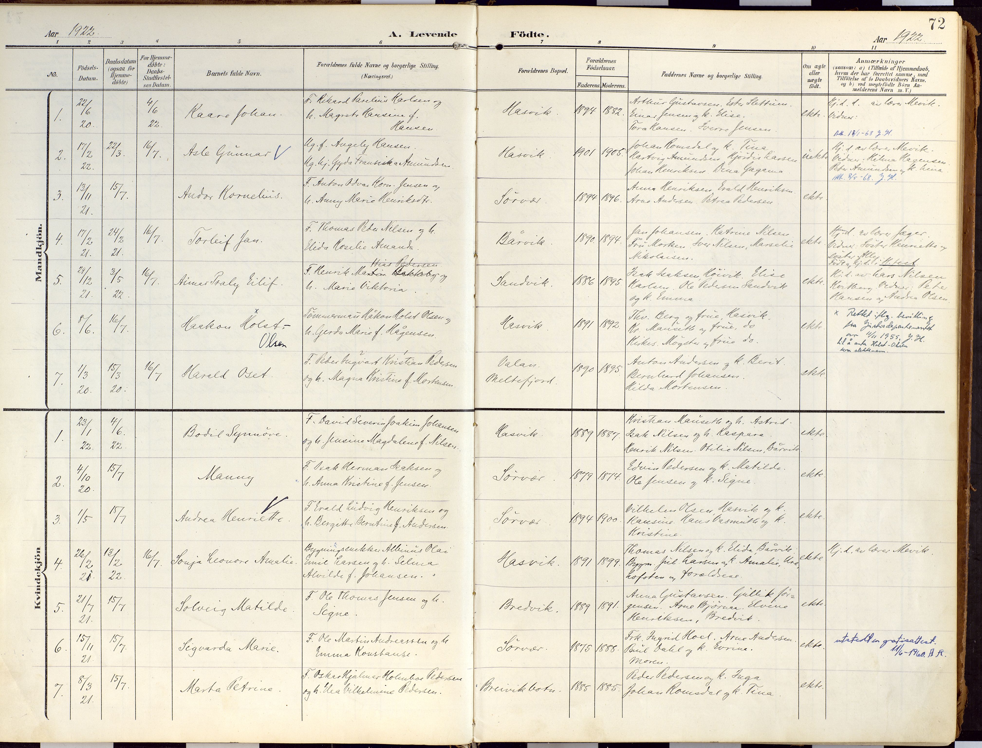 Loppa sokneprestkontor, AV/SATØ-S-1339/H/Ha/L0010kirke: Parish register (official) no. 10, 1907-1922, p. 72