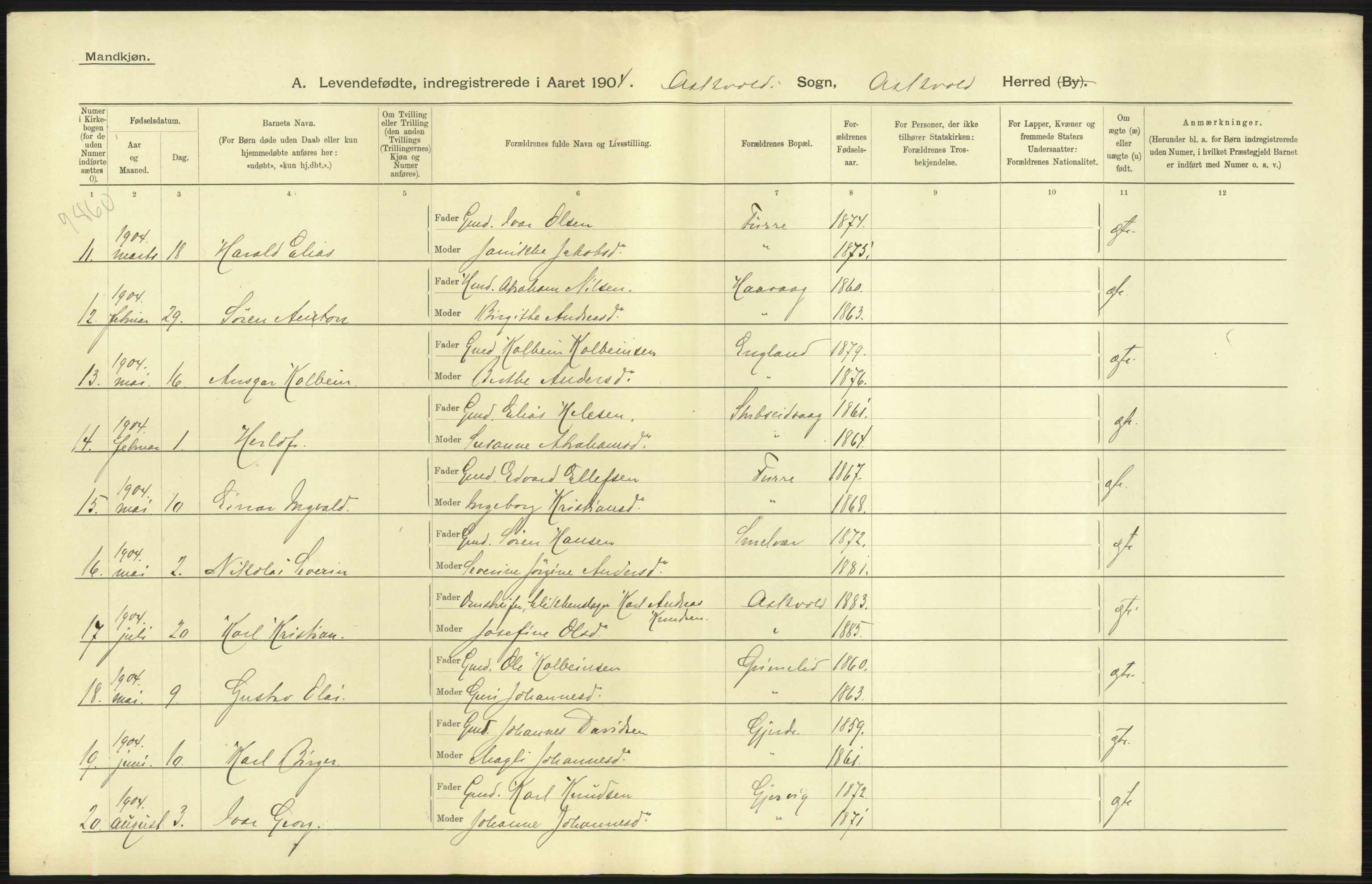 Statistisk sentralbyrå, Sosiodemografiske emner, Befolkning, RA/S-2228/D/Df/Dfa/Dfab/L0015: Nordre Bergenhus amt: Fødte, gifte, døde. Bygder, 1904, p. 25