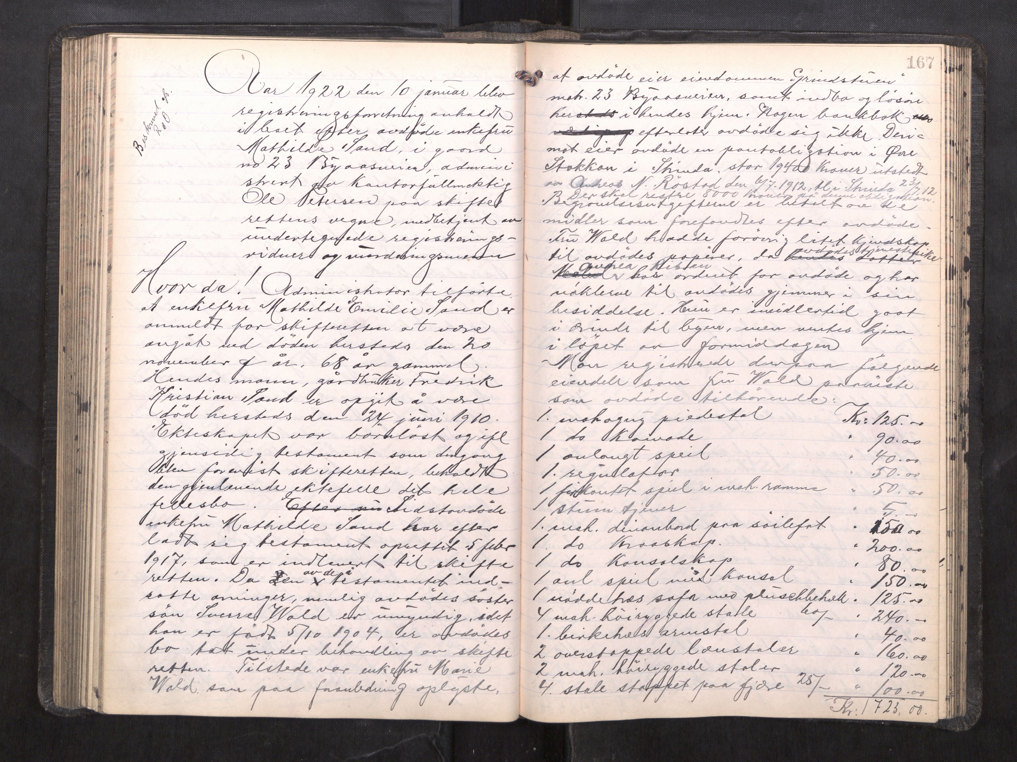 Trondheim byfogd, AV/SAT-A-0003/1/3/3C/L0039: Skifteregistreringsprotokoll - 2/2-27/9. (u/ register), 1921-1922, p. 167