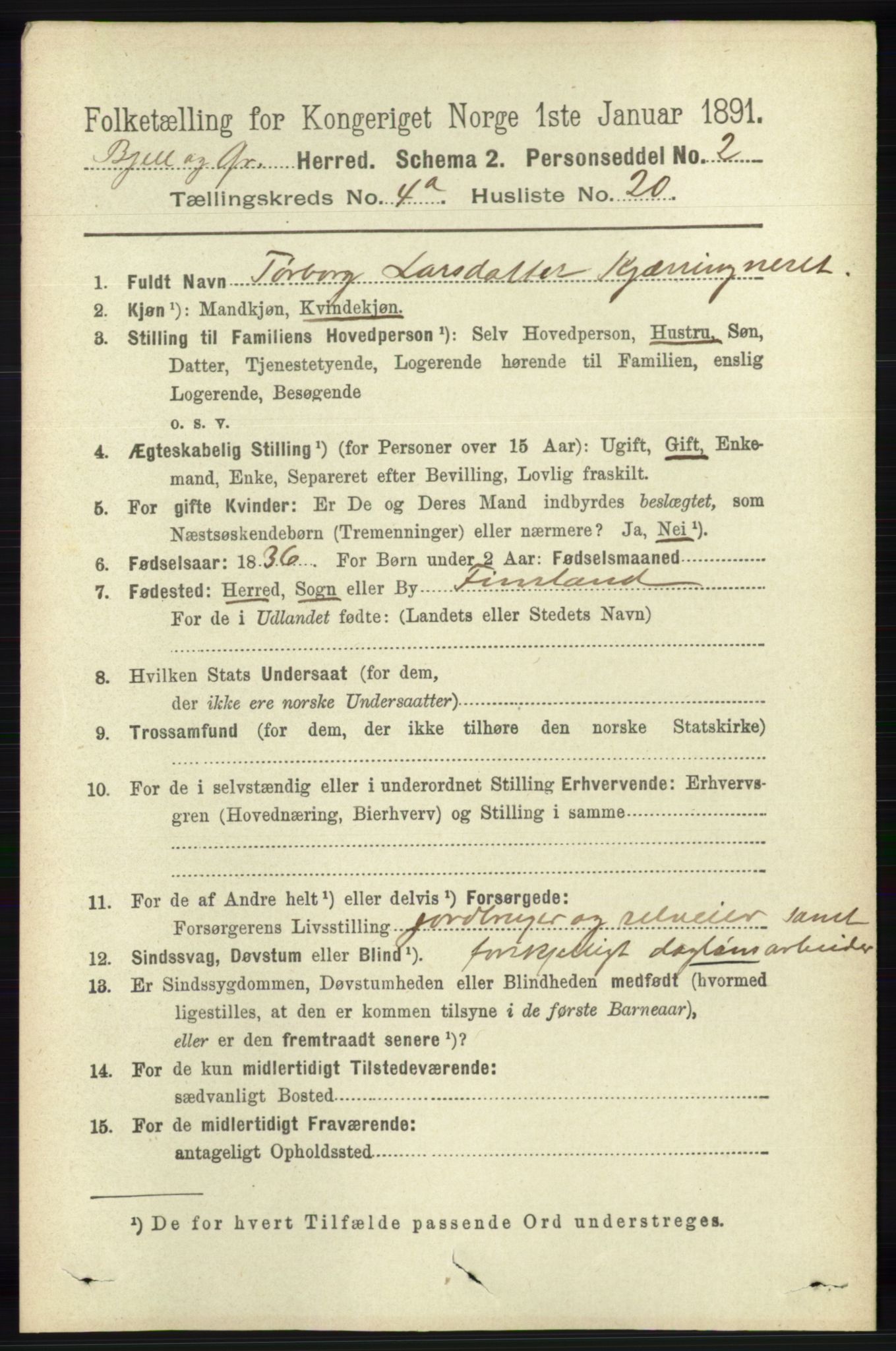 RA, 1891 census for 1024 Bjelland og Grindheim, 1891, p. 2209