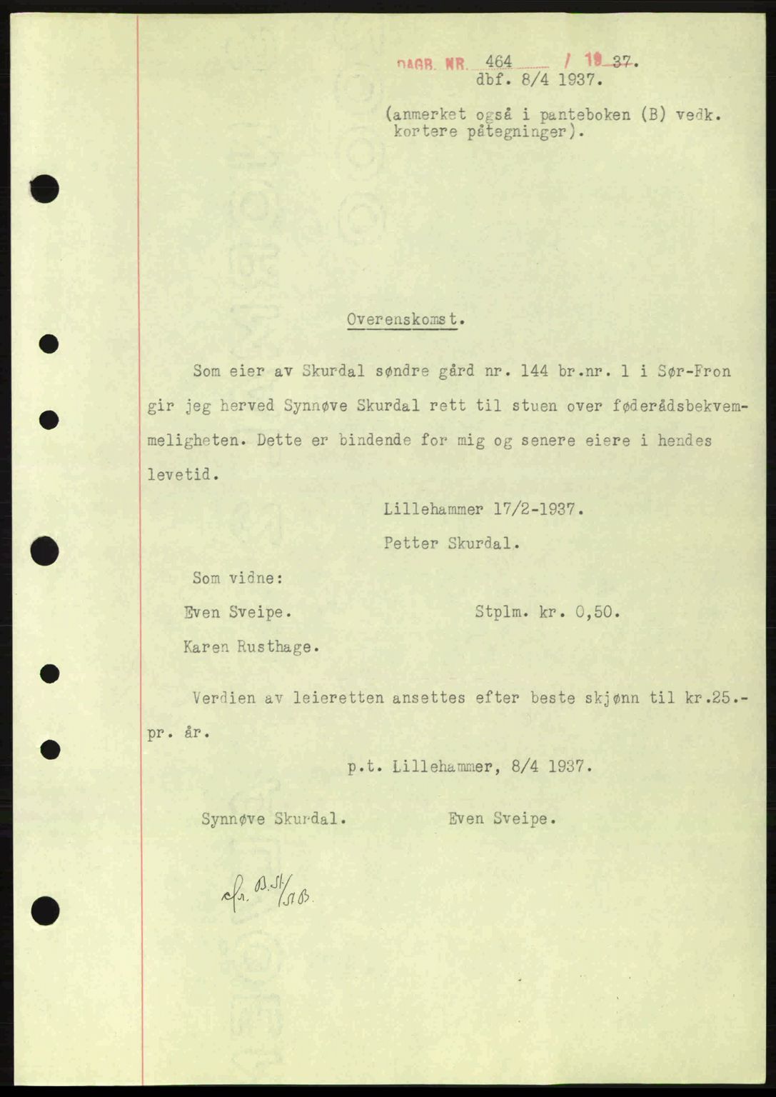 Sør-Gudbrandsdal tingrett, SAH/TING-004/H/Hb/Hbe/L0001: Mortgage book no. B1, 1936-1939, Diary no: : 464/1937