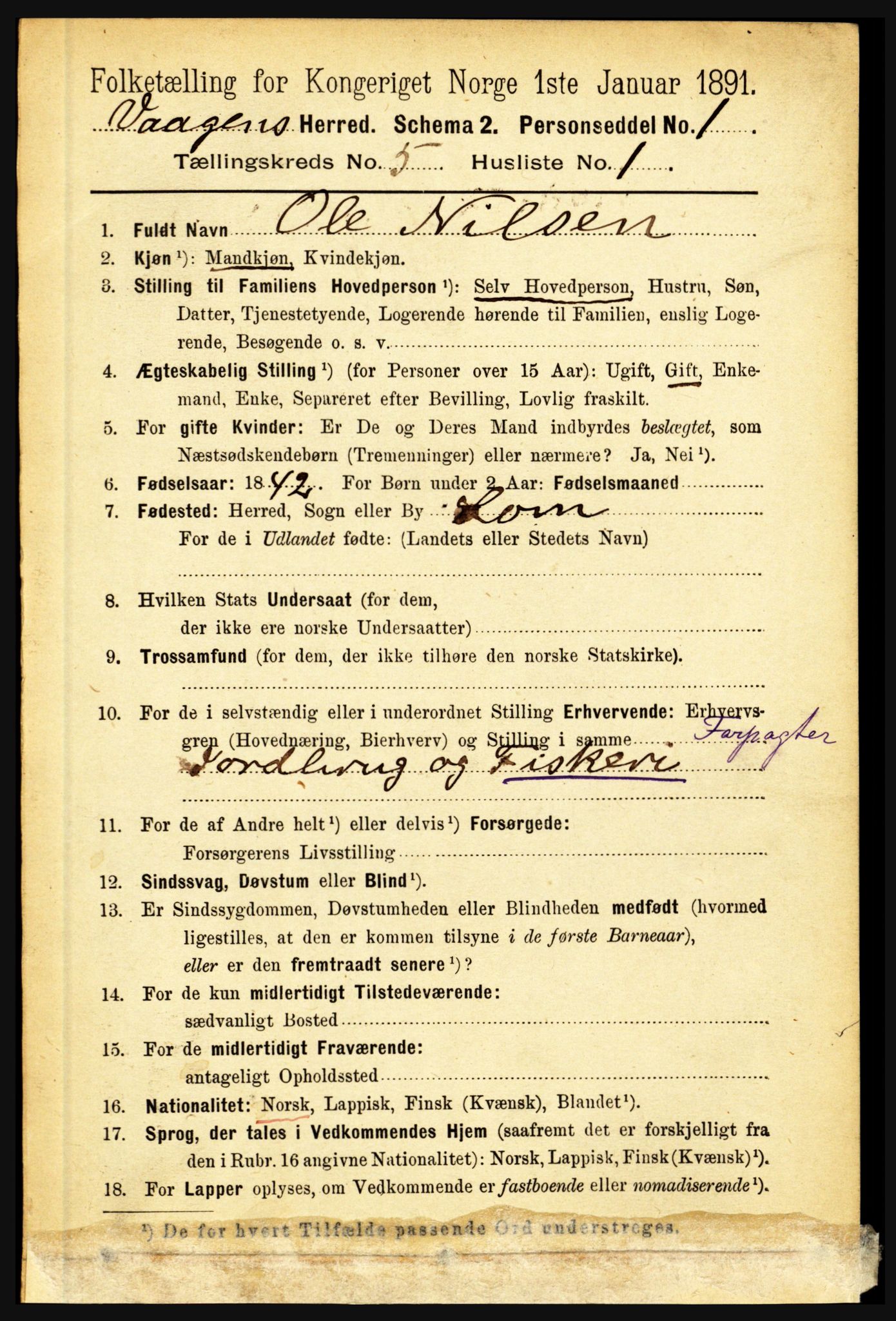 RA, 1891 census for 1865 Vågan, 1891, p. 1573